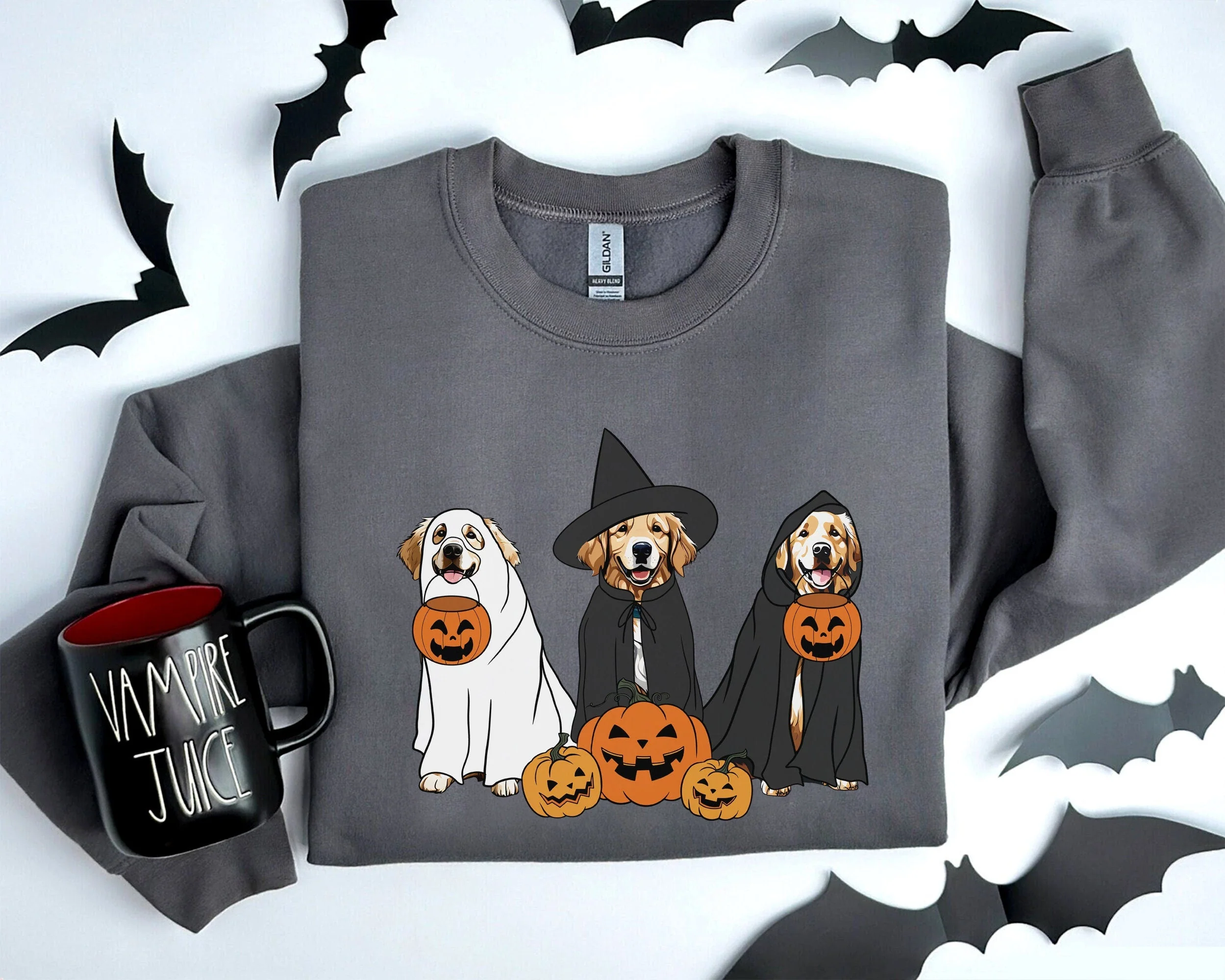Ghost And Witch Golden Retriever Sweatshirt, Ghost Golden Retriever Shirt, Witch Golden Retriever Shirt, Golden Retriever Halloween Shirt - Image 2