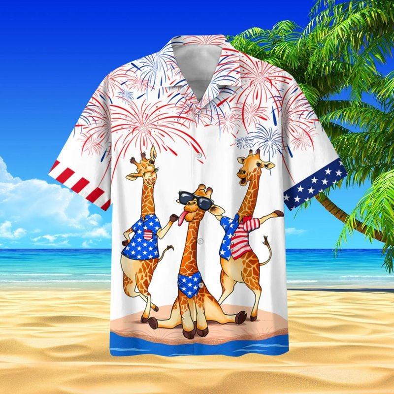 Giraffe Aloha Hawaiian Shirt - Giraffe Firework Hawaiian Shirt, US Flag Independence's Day Hawaiian Shirt For Men & Women, Giraffe Lover