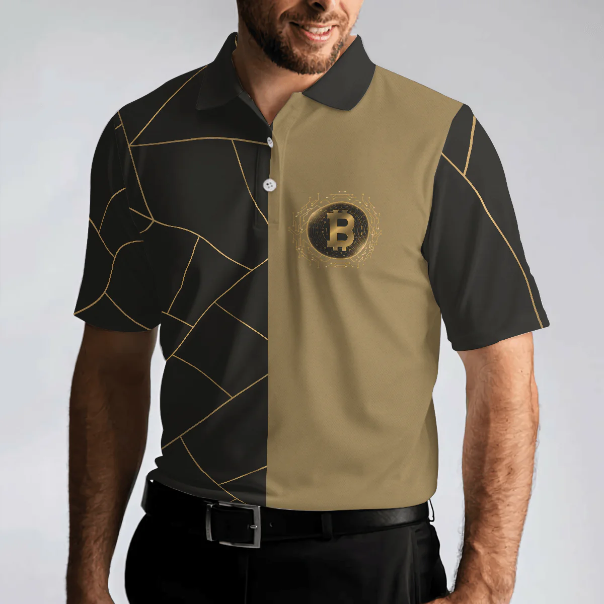 Golden Bitcoin Cryptocurrency Polo Shirt, Best Cryptocurrency Short Sleeve Polo Shirt For Adults, Unique Gift - Image 2