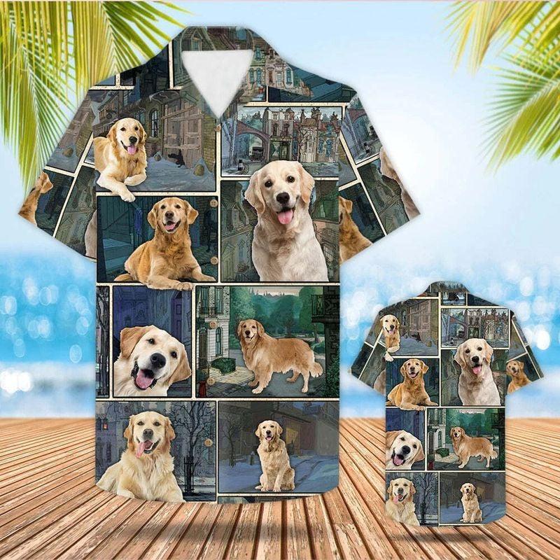 Golden Retrievers Aloha Hawaiian Shirt - Happy Golden Retrievers Hawaiian Shirt, Cartoon Urban Background Hawaiian Shirt For Men & Women, Dog Lover