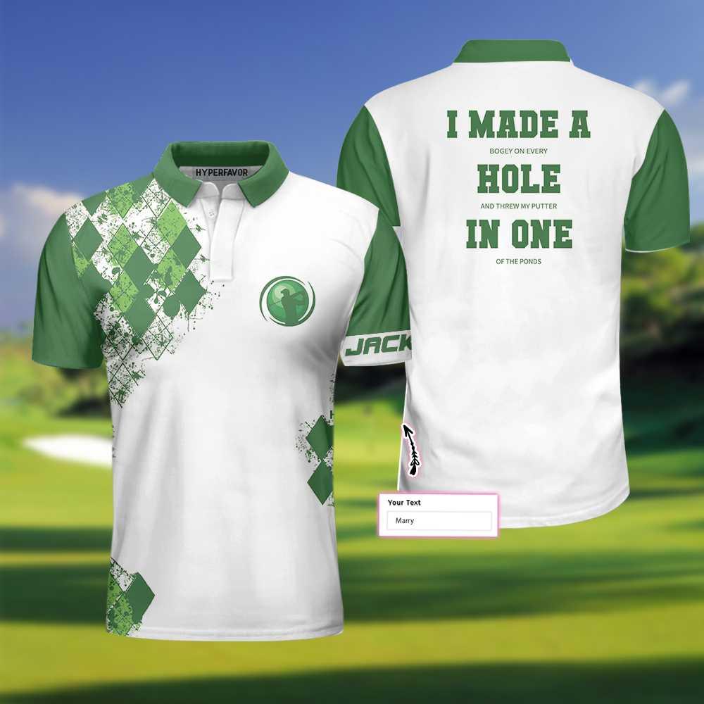Golf Custom Men Polo Shirt, I Made A Hole In One Custom Polo Shirt, White And Green Argyle Pattern Polo Shirt - Perfect Gift For Men, Golfers