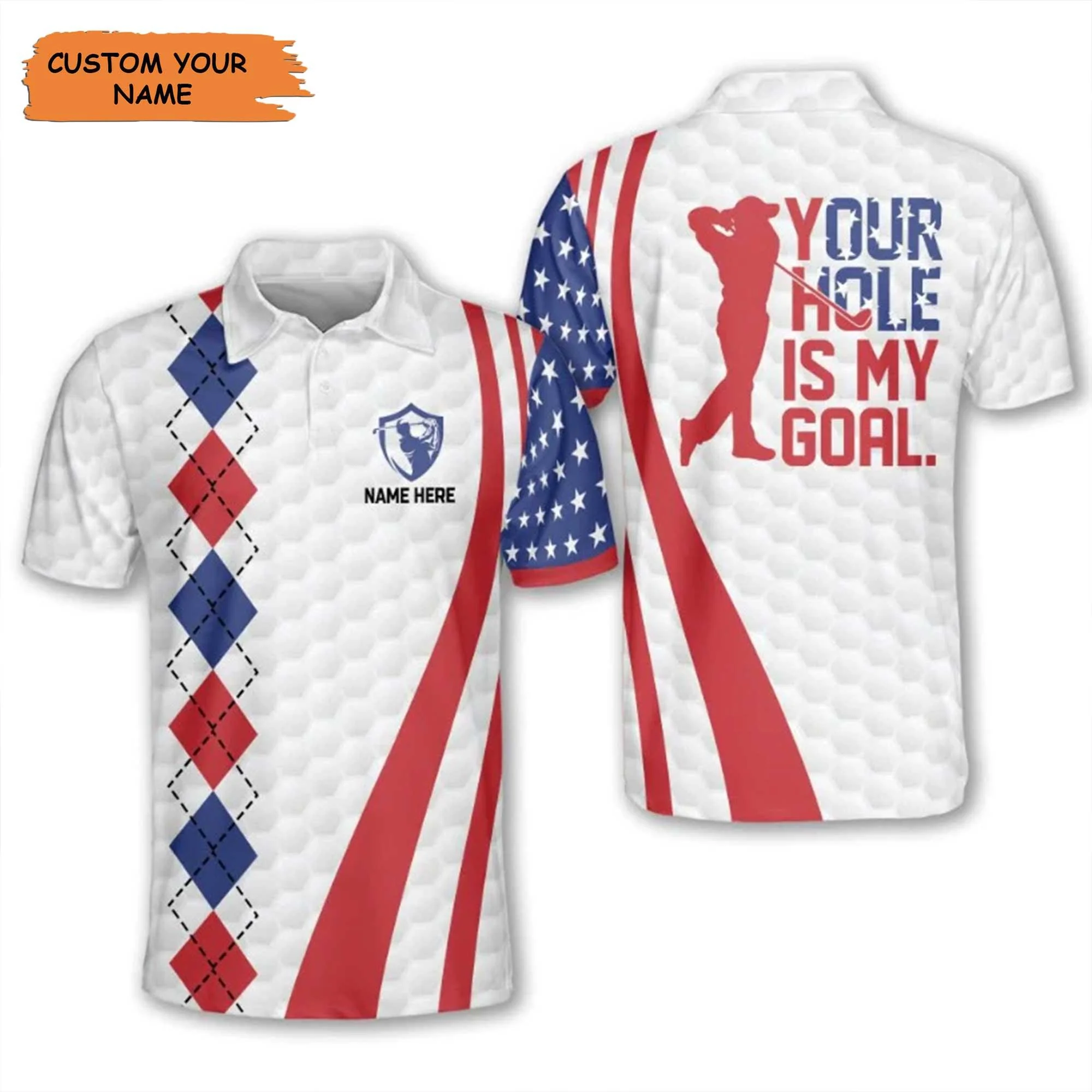 Golf Custom Men Polo Shirt, Personalized Patriotic American Flag Independence Day Polo Shirts For Men, 4th July Gift For Golfer, Your Hole Is My Goal