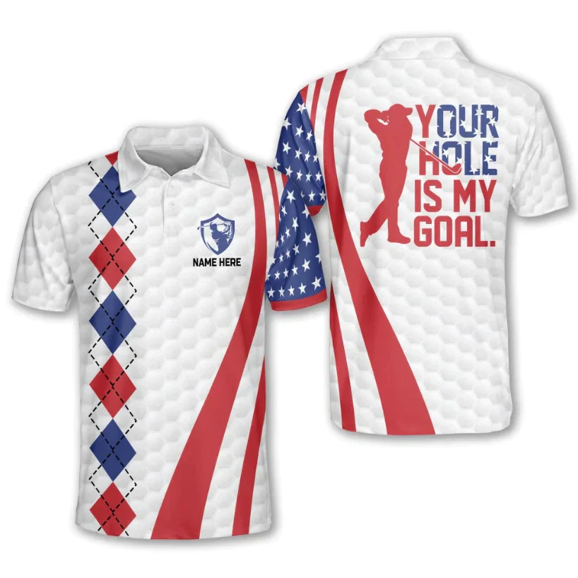 Golf Custom Men Polo Shirt, Personalized Patriotic American Flag Independence Day Polo Shirts For Men, 4th July Gift For Golfer, Your Hole Is My Goal - Image 2