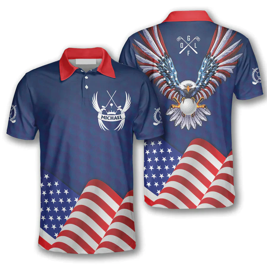 Golf Custom Men Polo Shirt, Personalized Patriotic Eagle Flag Blue Independence Day Polo Shirts For Men, 4th Of July Gift For Golfer, Golf Team Lover - Image 2