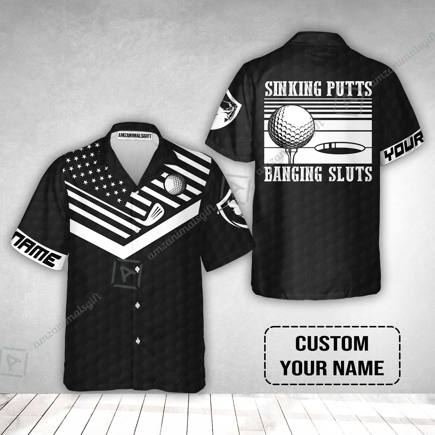 Golf Custom Name Hawaiian Shirt - Sinking Putts Banging Sluts Custom Name, Personalized Black Golf Pattern Hawaiian Shirt - Image 2
