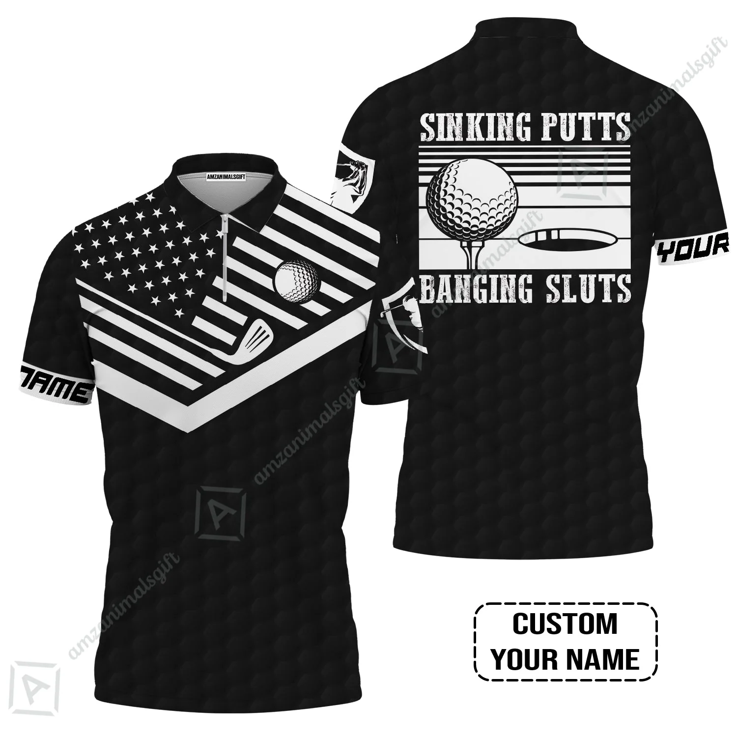 Golf Custom Name Long Polo Shirt- Sinking Putts Banging Sluts Custom Name, Personalized Black Golf Pattern Long Polo Shirt - Image 4