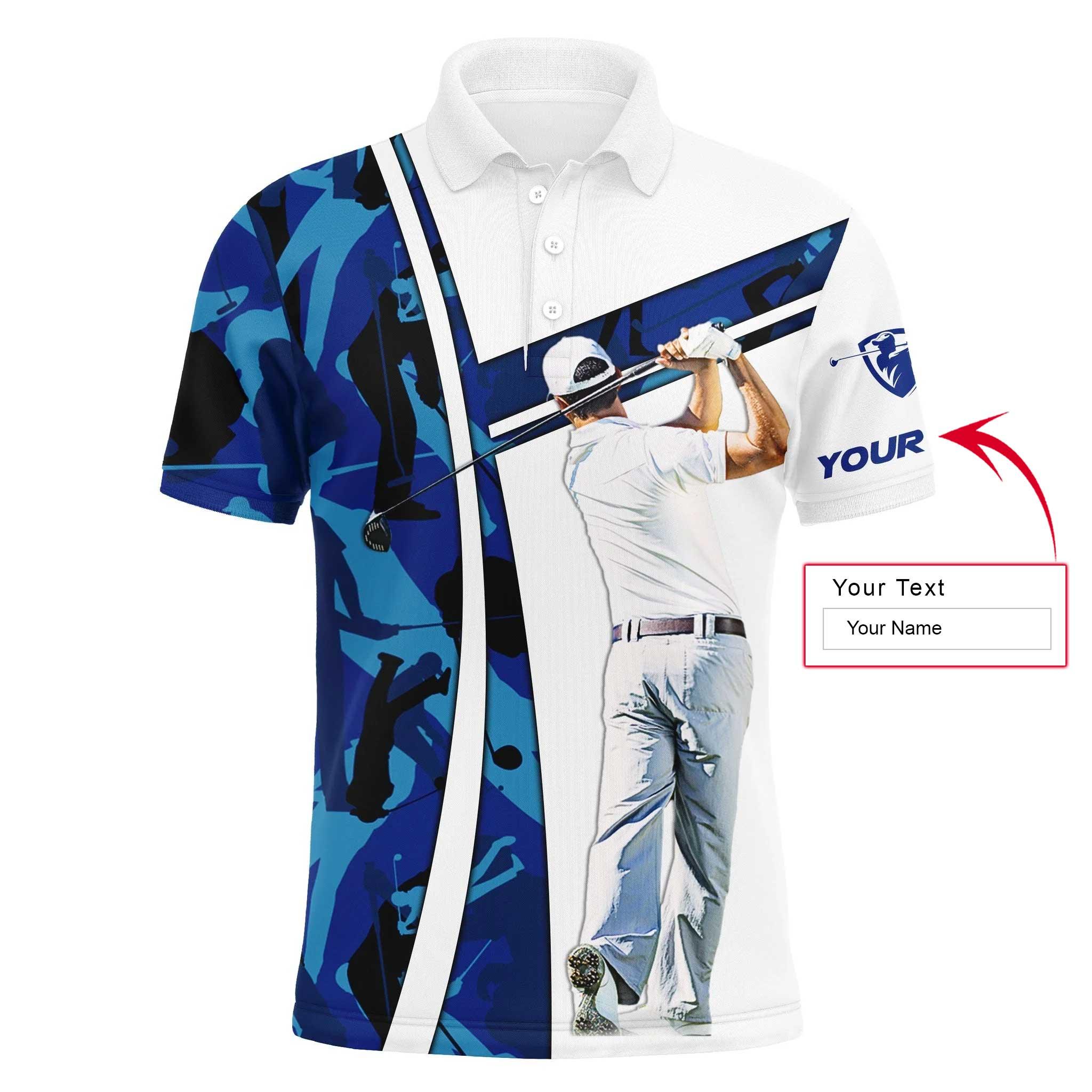 Golf Custom Name Men Polo Shirt - Blue Camo Men Golfing Apparel - Personalized Best Gift For Golf Lover, Team, Golfer