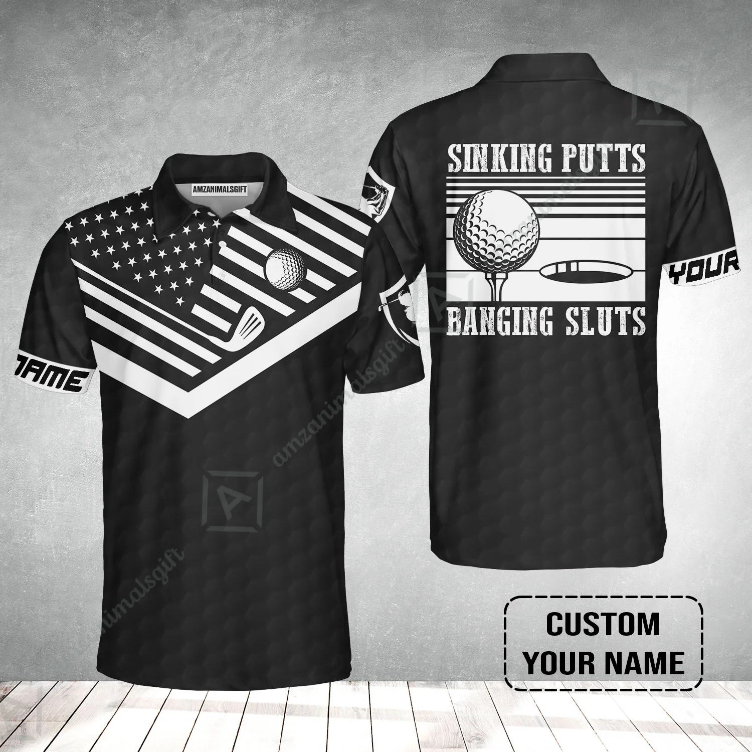Golf Custom Name Polo Shirt - Sinking Putts Banging Sluts Custom Name, Personalized Black Golf Pattern Polo Shirt - Image 2