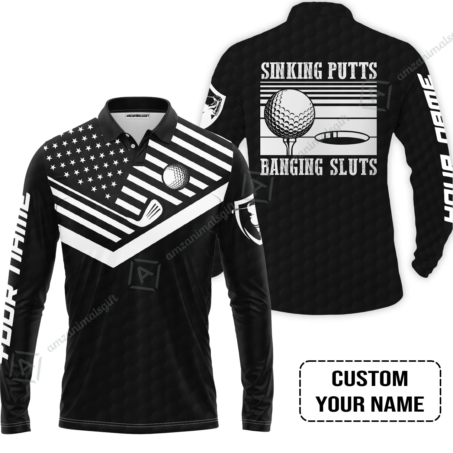 Golf Custom Name Polo Shirt - Sinking Putts Banging Sluts Custom Name, Personalized Black Golf Pattern Polo Shirt - Image 3