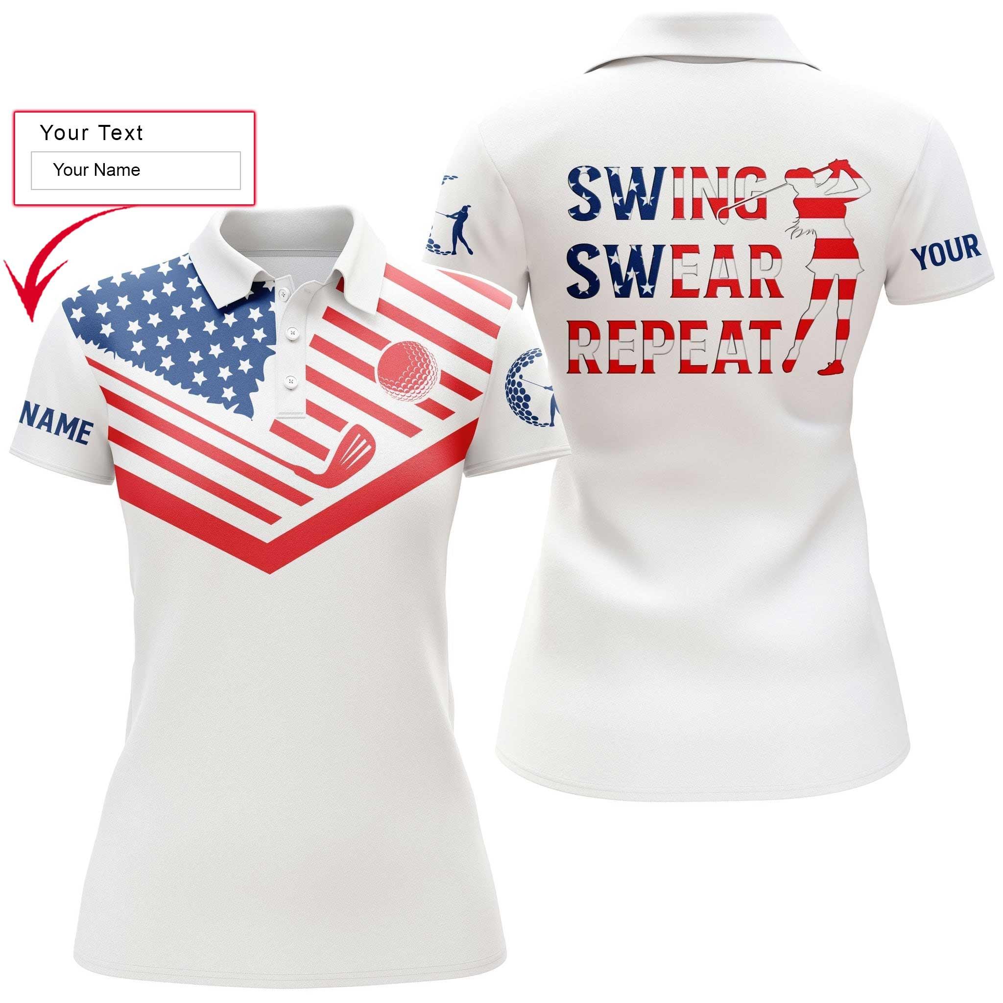 Golf Custom Name Women Polo Shirt, American Flag 4th of July Patriot Swing Swear Repeat Personalized Women Polo Shirts, Gift For Ladies, Golfers