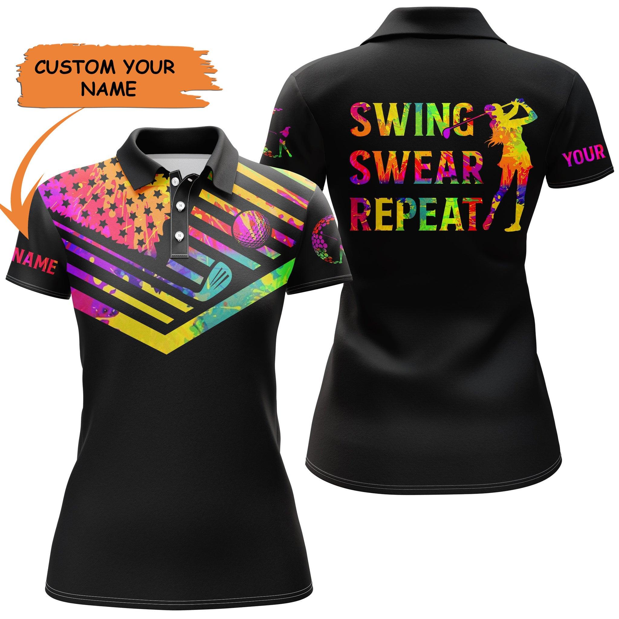 Golf Custom Name Women Polo Shirt, Black Golf Shirt With Watercolor American Flag Personalized Women Polo Shirt, Gift For Ladies, Golf Lovers, Golfers