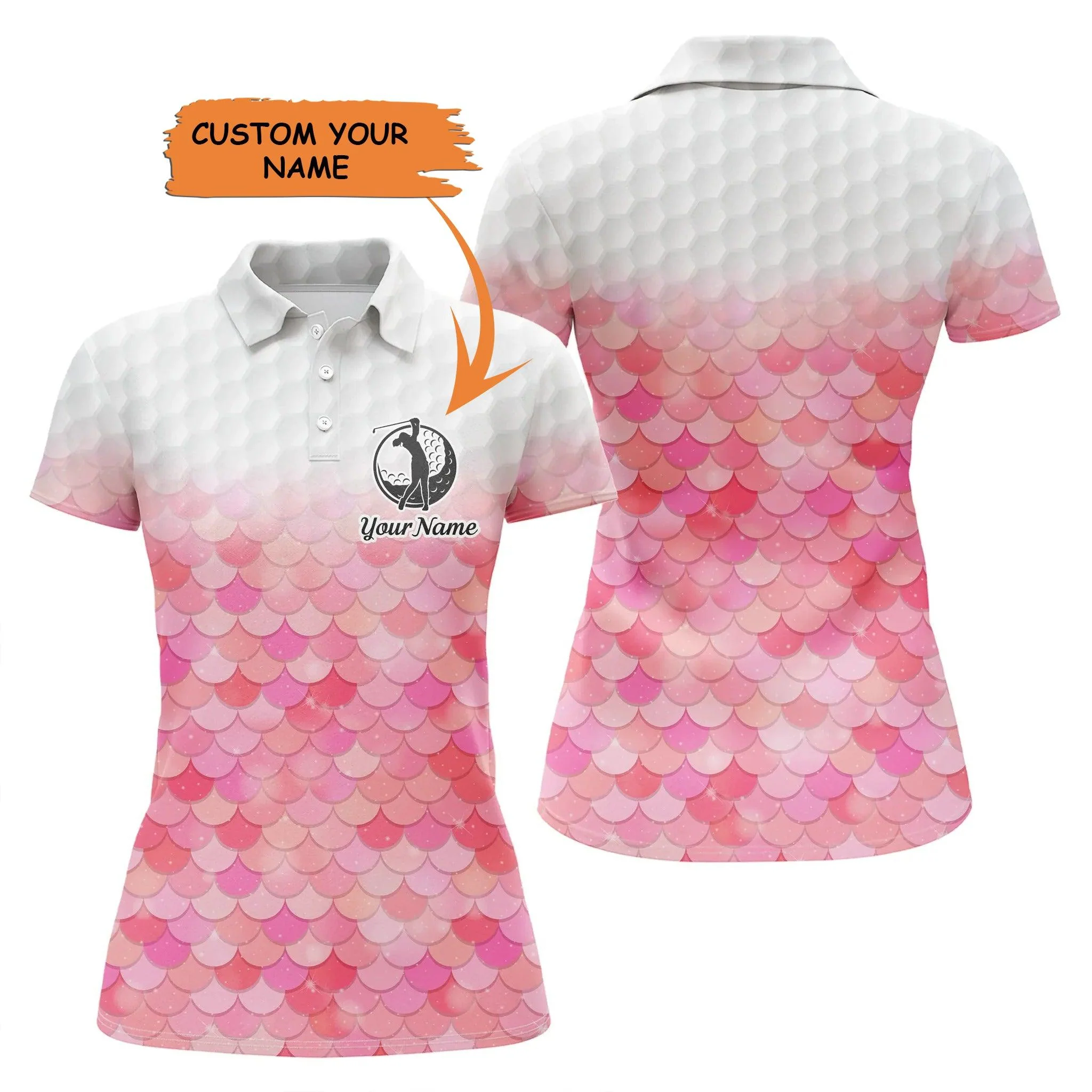 Golf Custom Name Women Polo Shirt, Bling Pink Mermaid Scales Pattern Personalized Women Polo Shirt - Perfect Gift For Ladies, Golf Lovers, Golfers