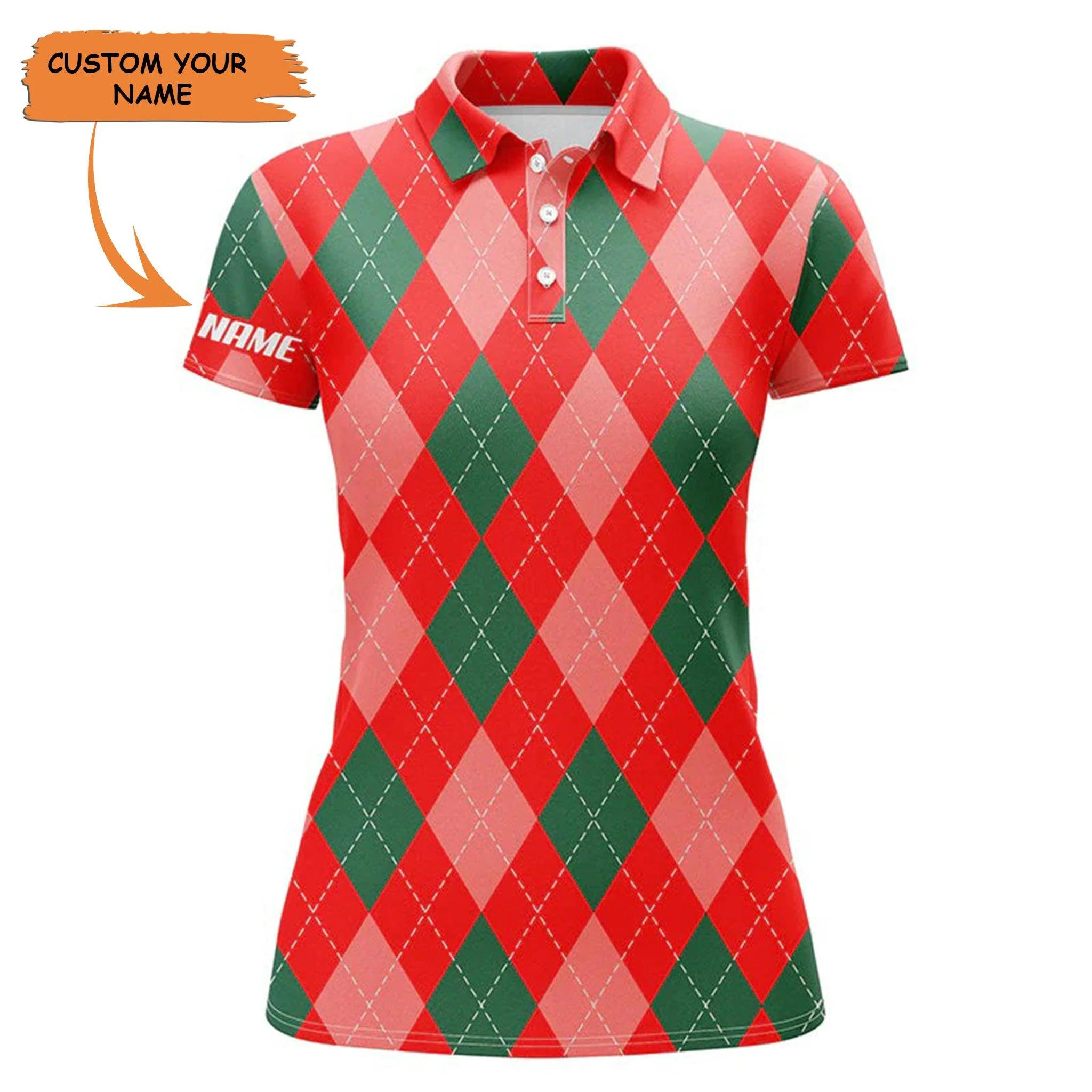 Golf Custom Name Women Polo Shirt, Christmas Plaid Argyle Red Pattern Personalized Women Polo Shirt - Perfect Gift For Ladies, Golf Lovers, Golfers