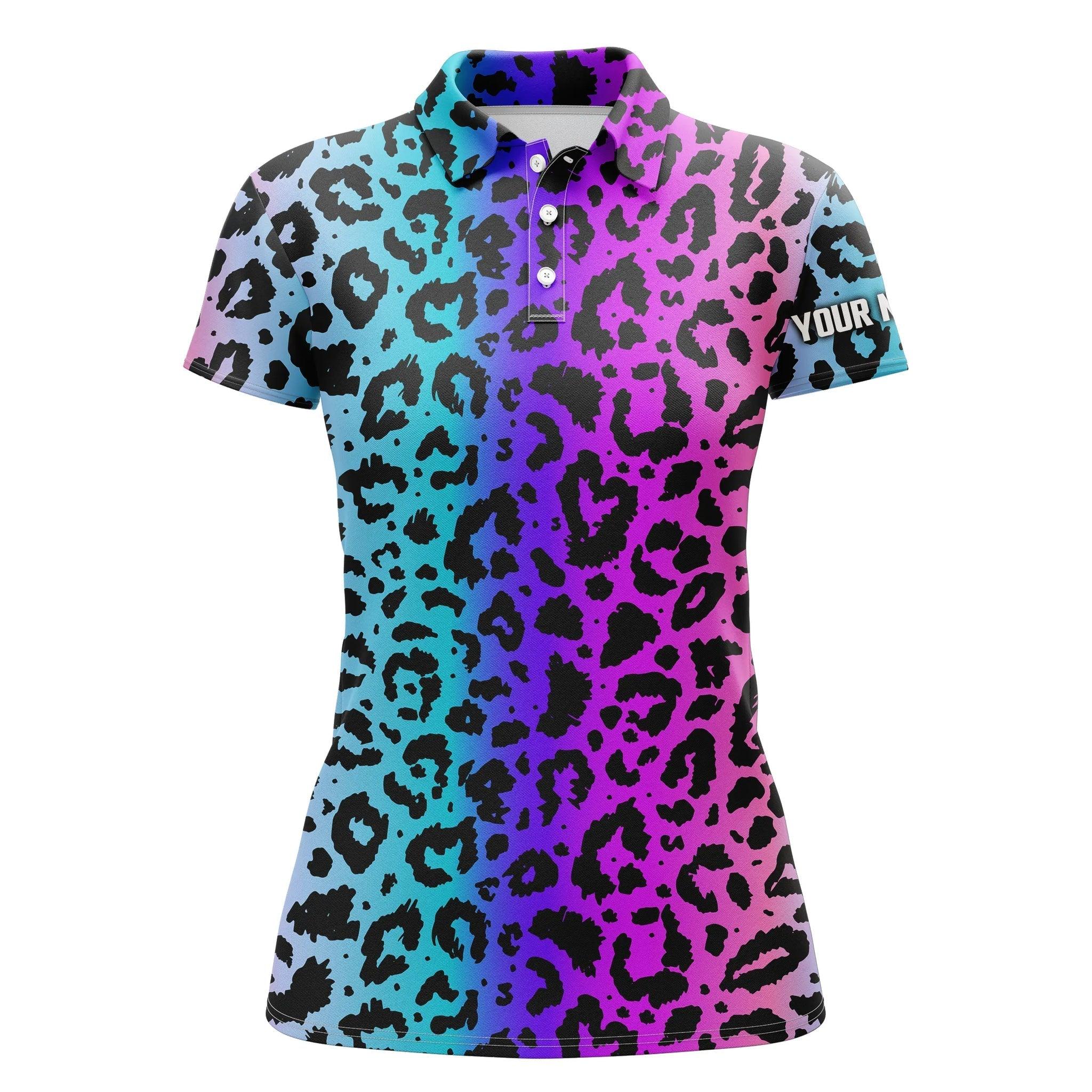 Leopard Pattern Custom Name Women Polo Shirt, Colorful Neon Gradient Leopard Print Pattern Personalized Women Polo Shirts, Gift For Ladies, Women - Image 2