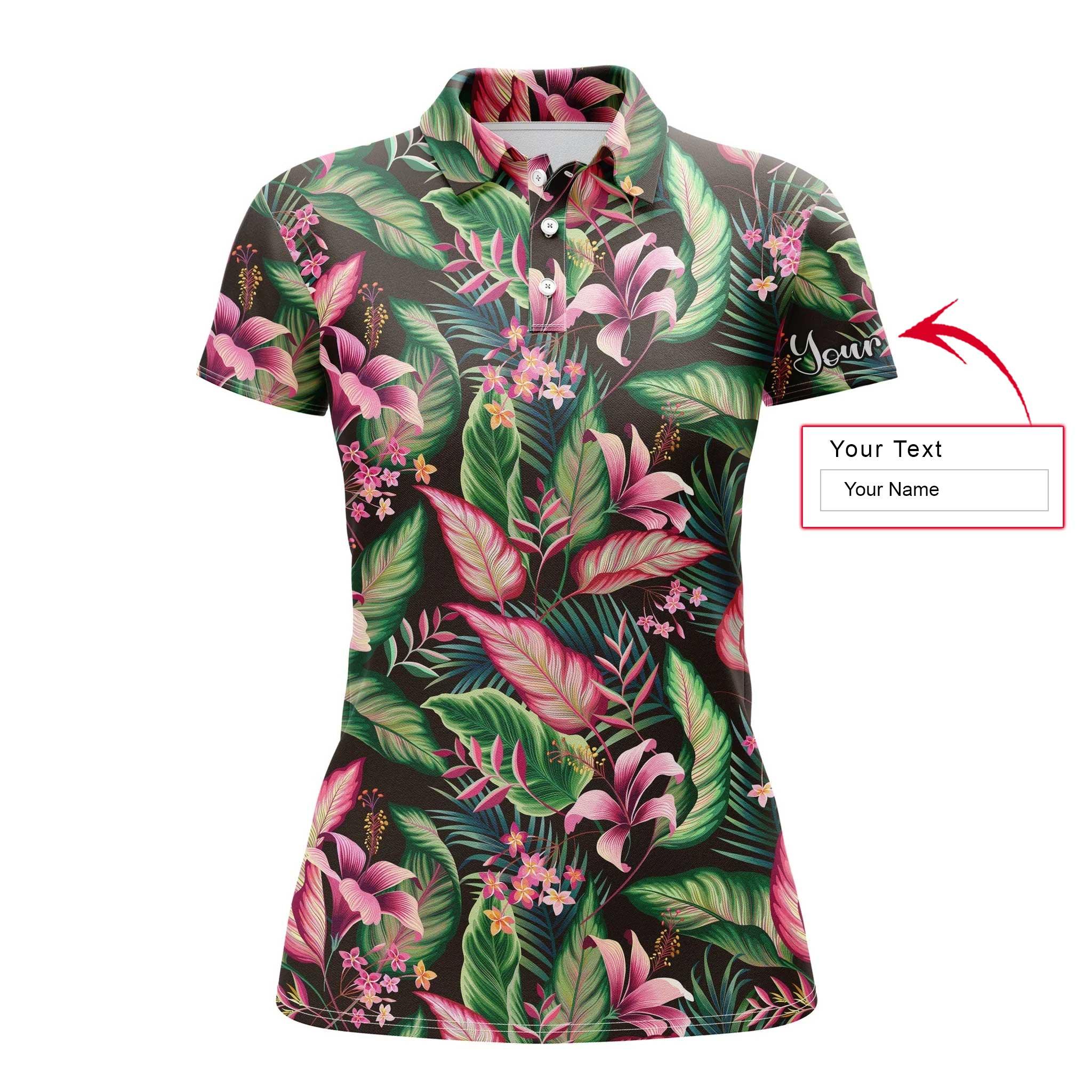 Tropical Custom Name Women Polo Shirt, Floral Pattern With Tropical Leaves Personalized Women Polo Shirts, Perfect Gift For Ladies, Women