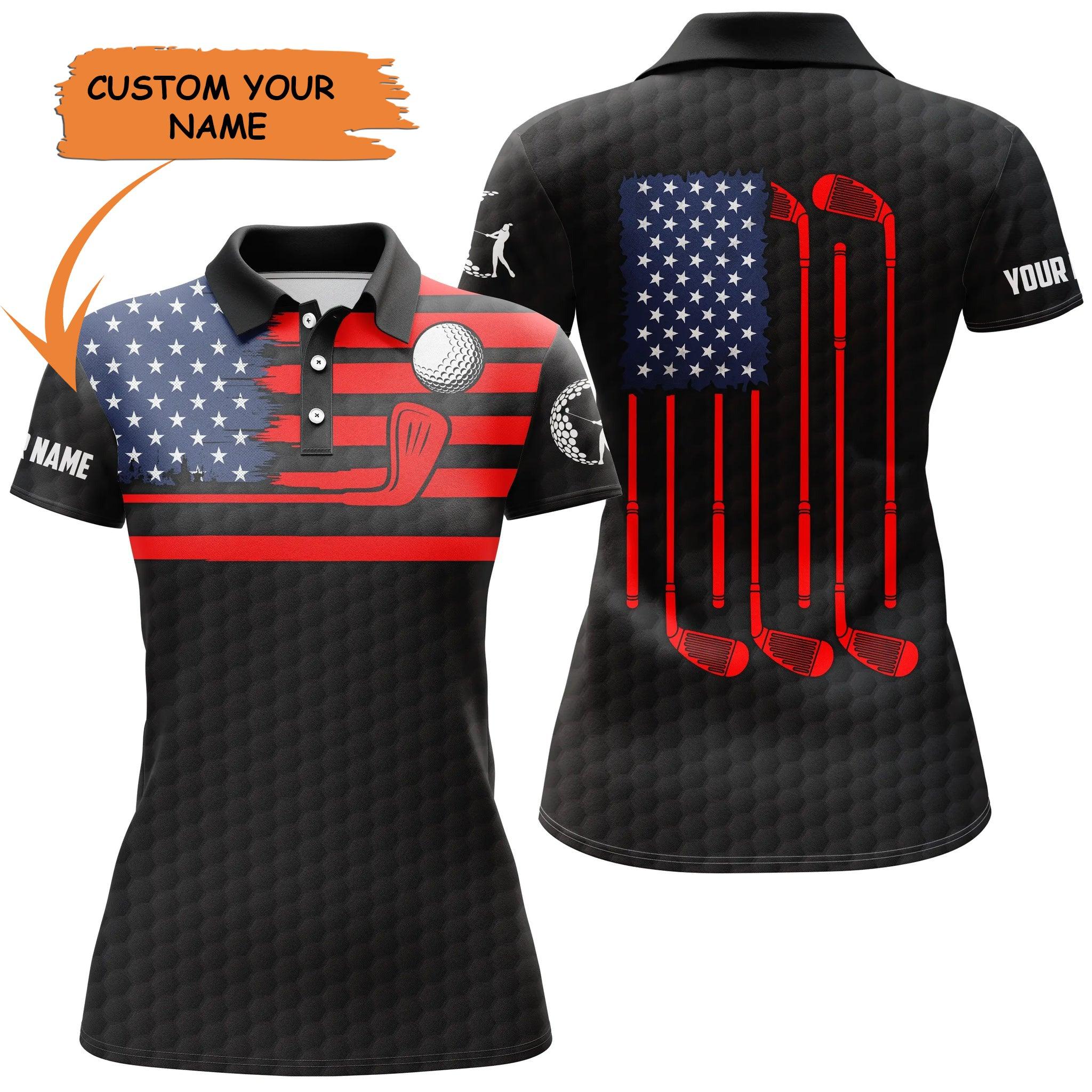 Golf Custom Name Women Polo Shirt, Funny American Flag Golf Clubs Personalized Women Polo Shirt, Perfect Gift For Ladies, Golf Lovers, Golfers