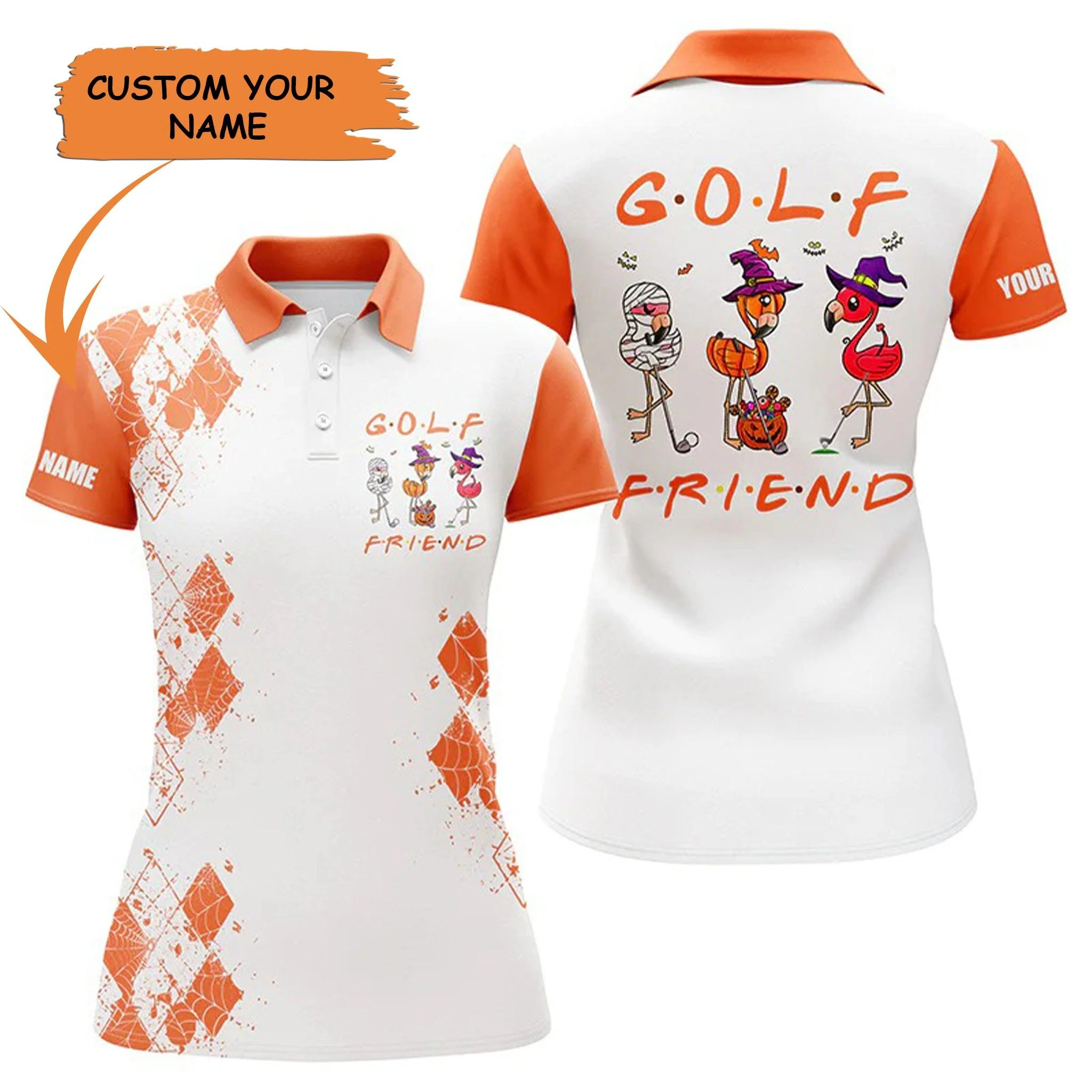 Golf Custom Name Women Polo Shirt, Funny Halloween Flamingo Golf Friend Personalized Women Polo Shirt- Perfect Gift For Ladies, Golf Lovers, Golfers