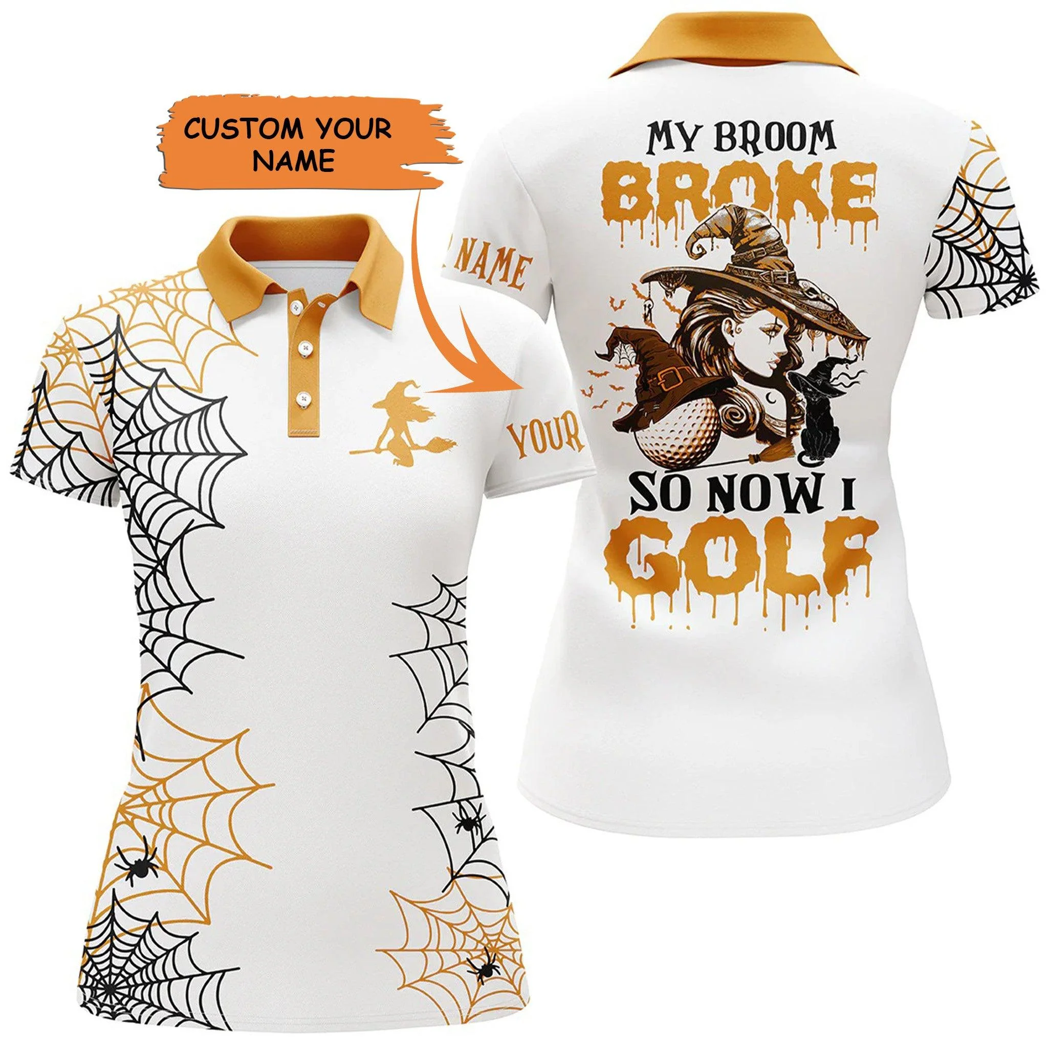 Golf Custom Name Women Polo Shirt, Funny Orange Halloween My Broom Broke Personalized Women Polo Shirt - Perfect Gift For Ladies, Golf Lovers, Golfers