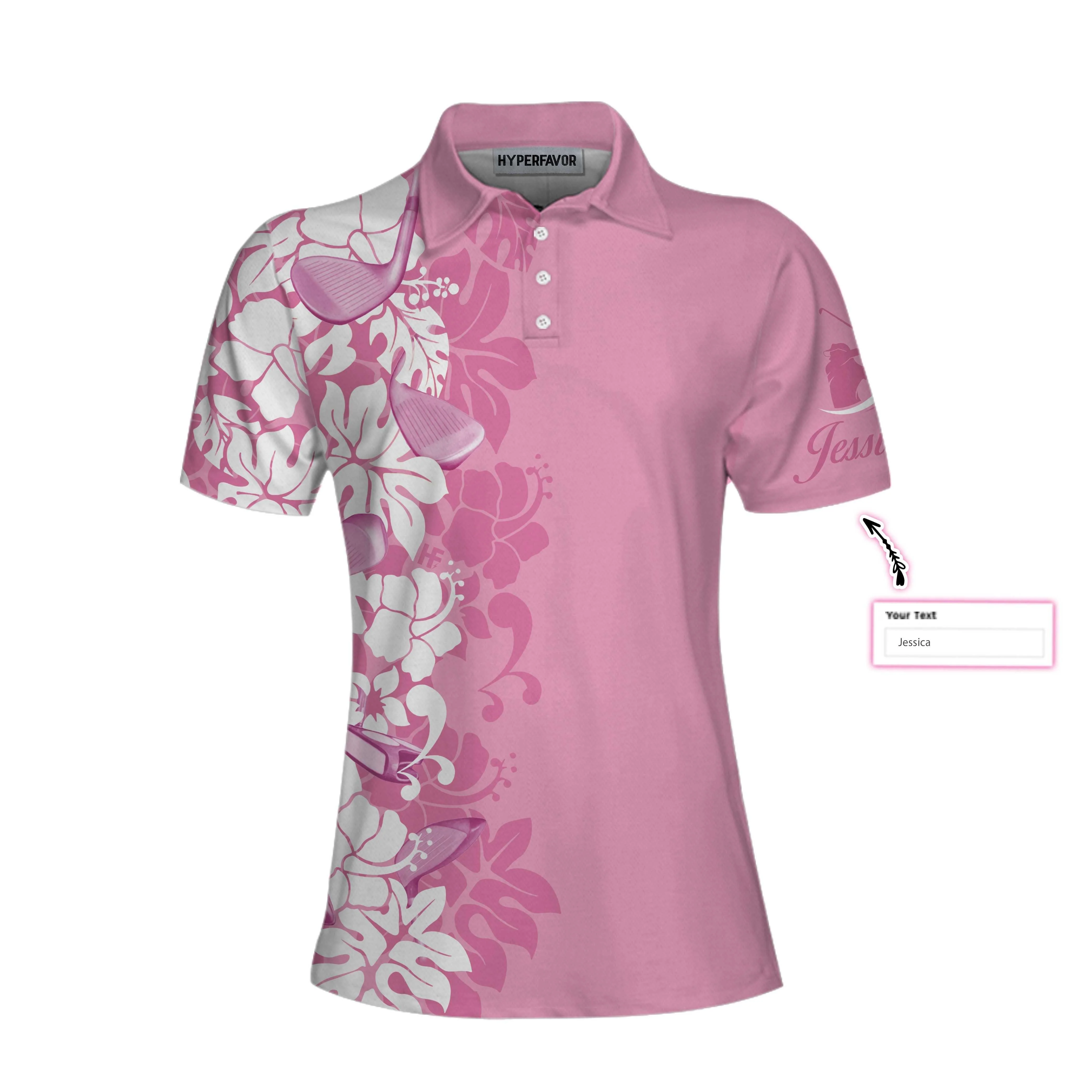 Golf Custom Name Women Polo Shirt, Golfer Flower Floral Pink Personalized Women Polo Shirts, Best Gift For Female Golfers, Ladies, Golf Lovers