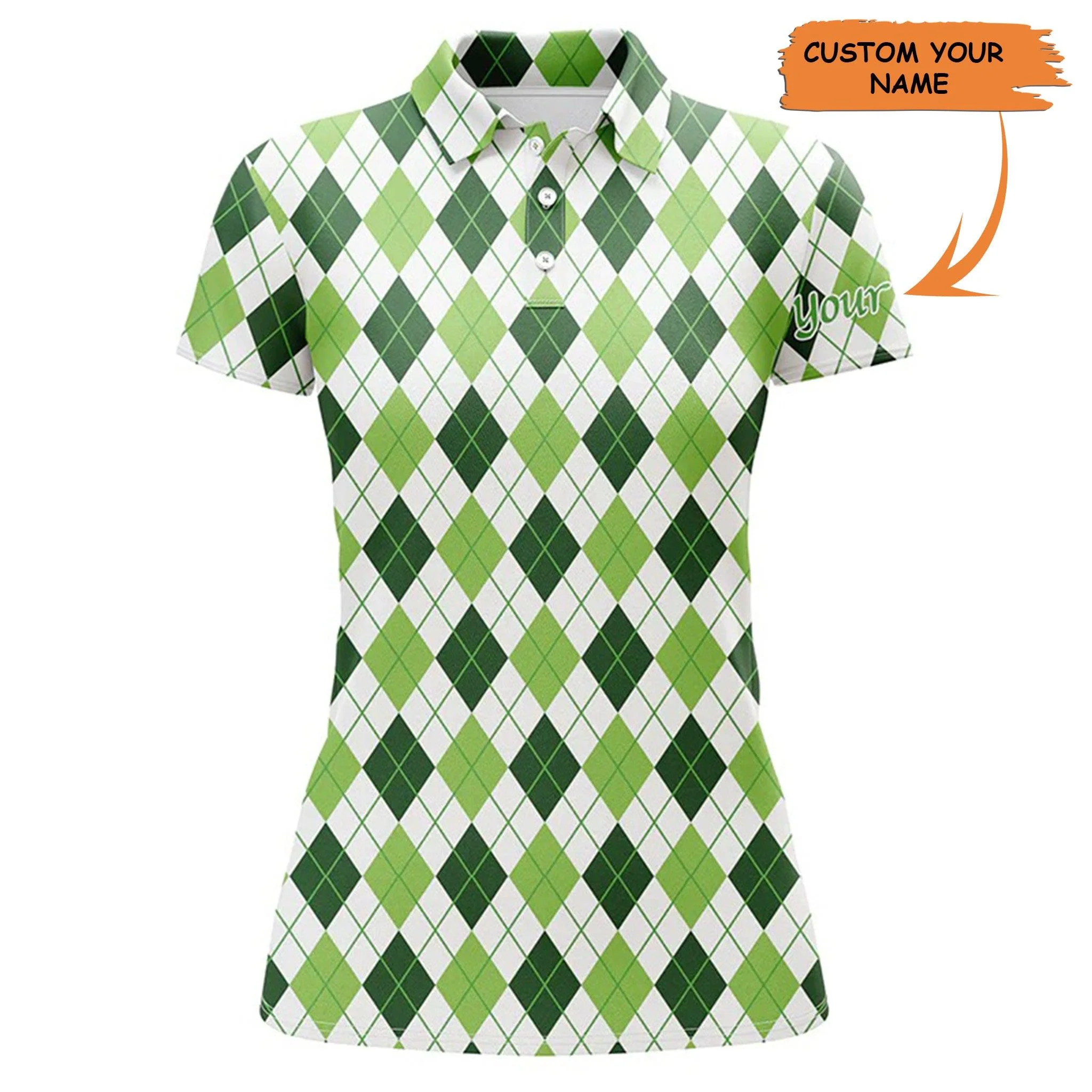 Golf Custom Name Women Polo Shirt, Green Argyle St Patrick's Day Pattern Personalized Women Polo Shirt - Perfect Gift For Ladies, Golf Lovers, Golfers