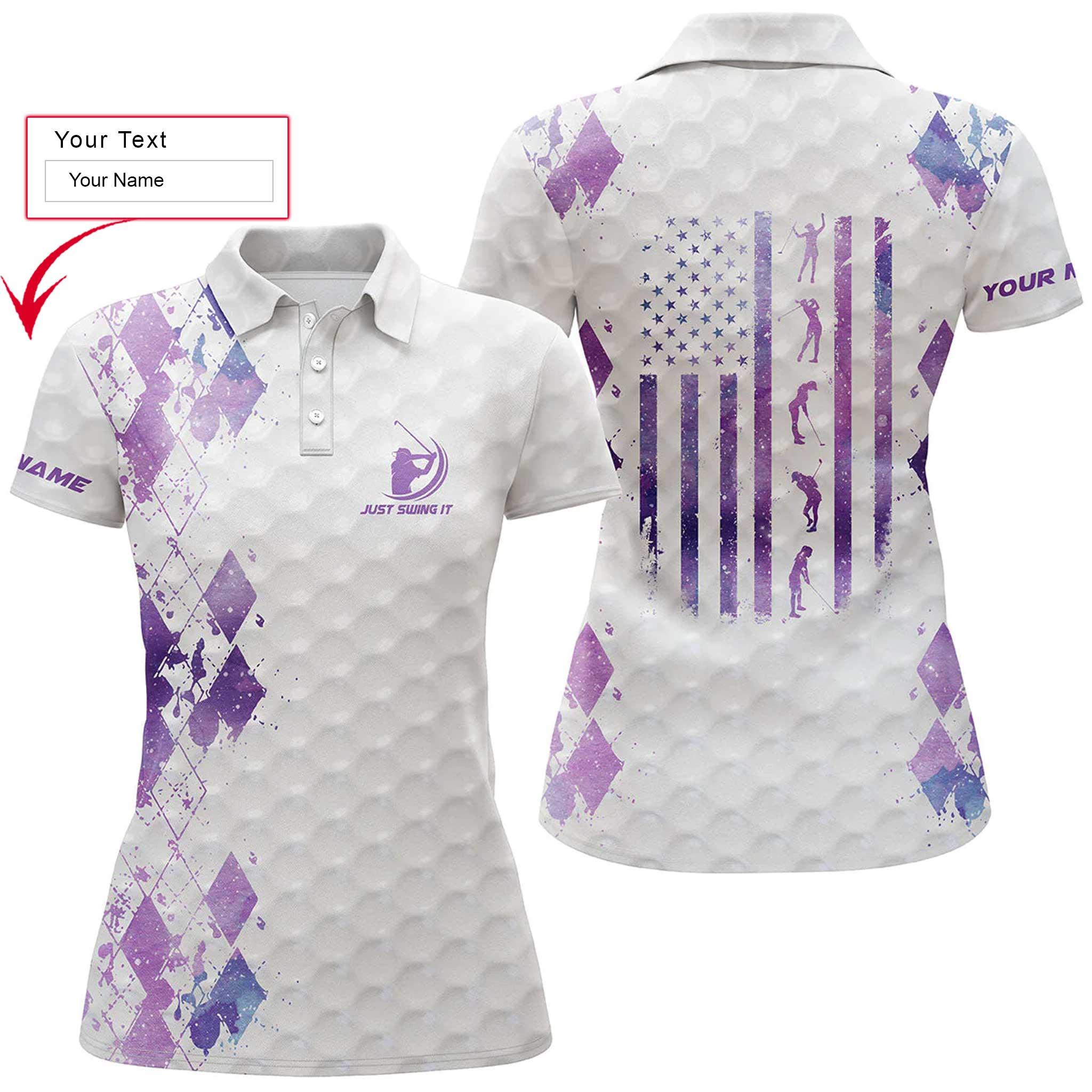 Golf Custom Name Women Polo Shirt, Just Swing It American Flag Patriotic Purple Galaxy Personalized Women Polo Shirts, Gift For Ladies, Golfers
