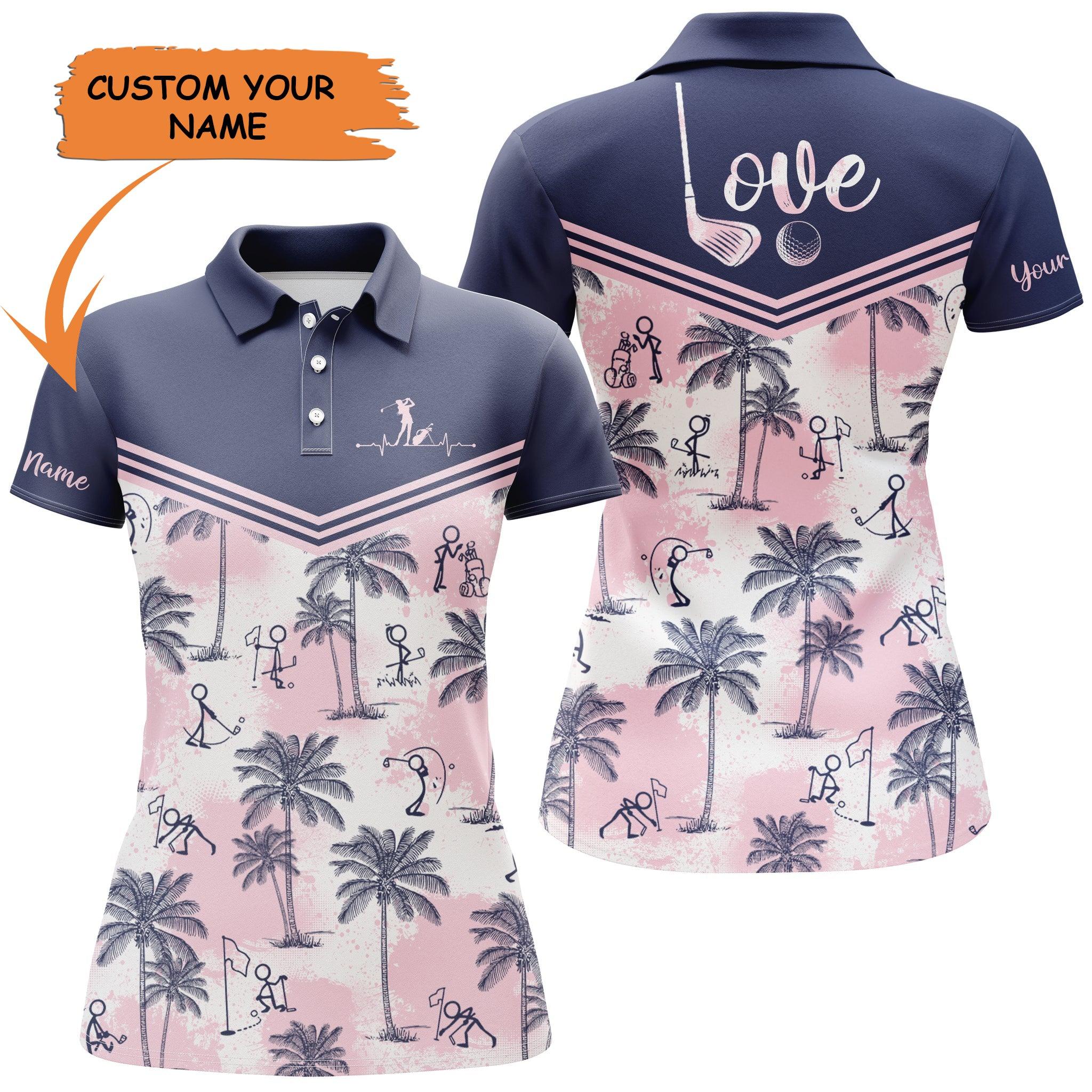 Golf Custom Name Women Polo Shirt, Love Pink Tropical Pattern Personalized Women Polo Shirt - Perfect Gift For Ladies, Girls, Golf Lovers, Golfers