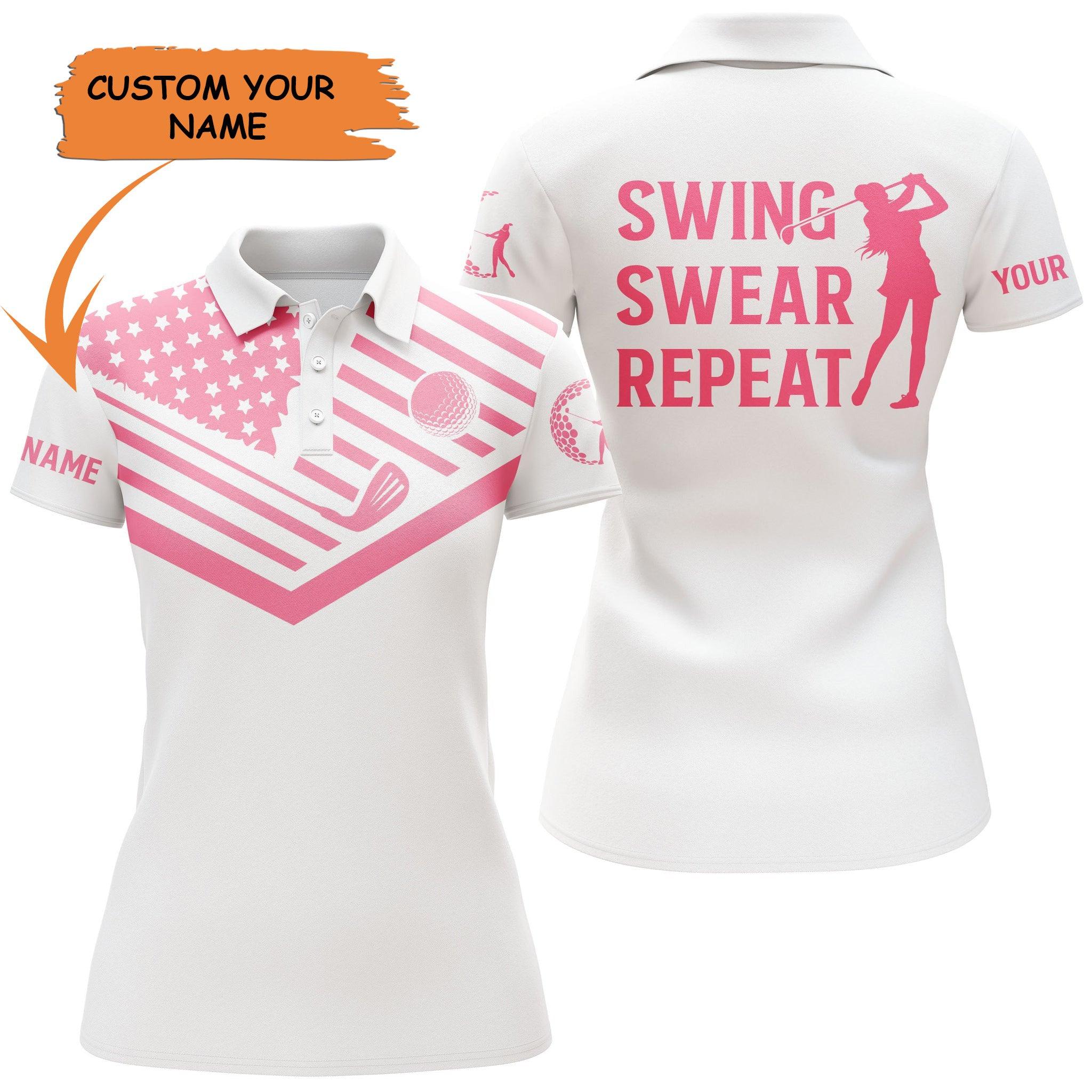 Golf Custom Name Women Polo Shirt, Pink American Flag Swing Swear Repeat Personalized Women Polo Shirt - Perfect Gift For Ladies, Golf Lovers, Golfers