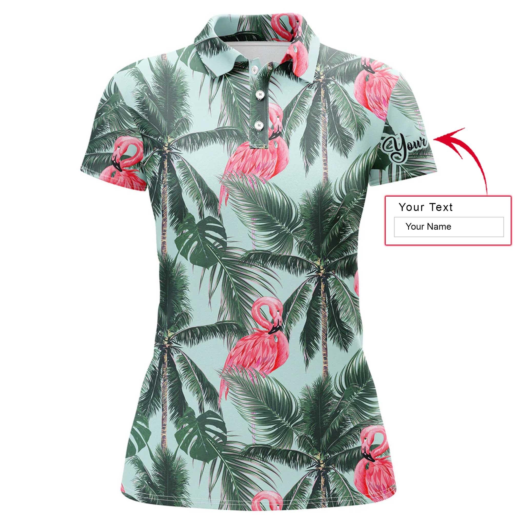 Flamingo Custom Name Women Polo Shirt, Pink Flamingos Tropical Palm Leaves Personalized Women Polo Shirts, Perfect Gift For Ladies, Women
