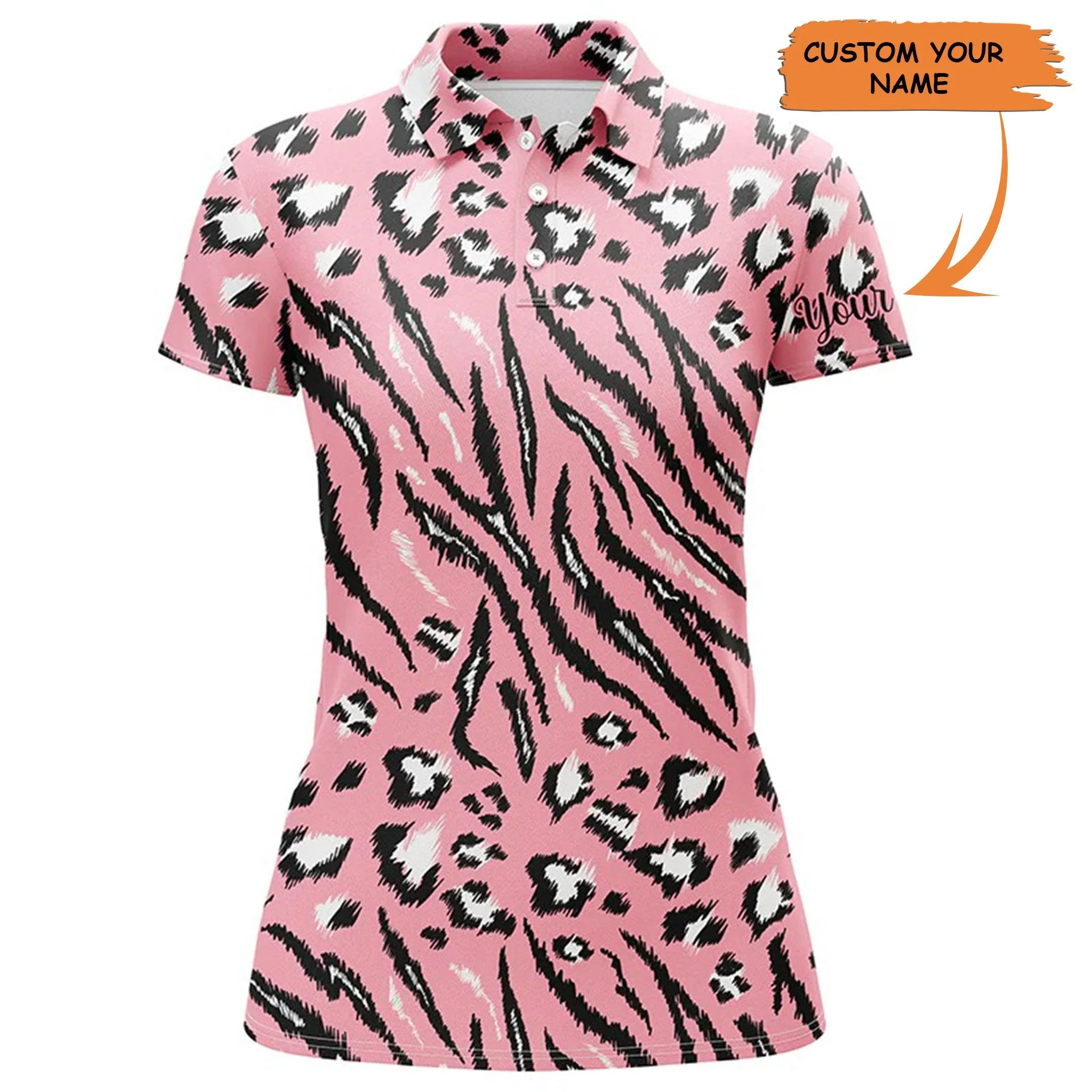 Golf Custom Name Women Polo Shirt, Pink Tiger Leopard Pattern Personalized Women Polo Shirt- Perfect Gift For Ladies, Golf Lovers, Golfers
