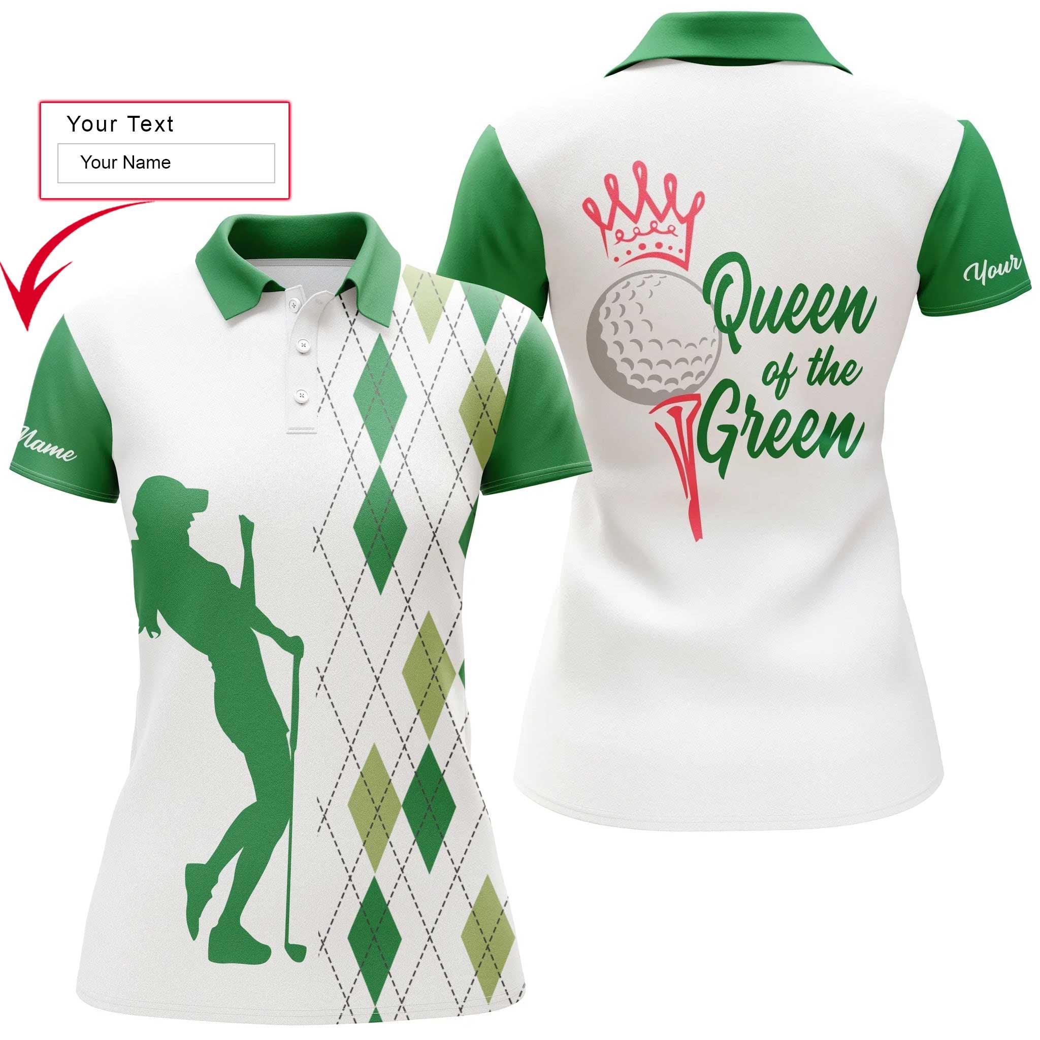 Golf Custom Name Women Polo Shirt, Queen Of The Green, Funny Argyle Plaid White Green Personalized Women Polo Shirts, Gift For Ladies, Golfers