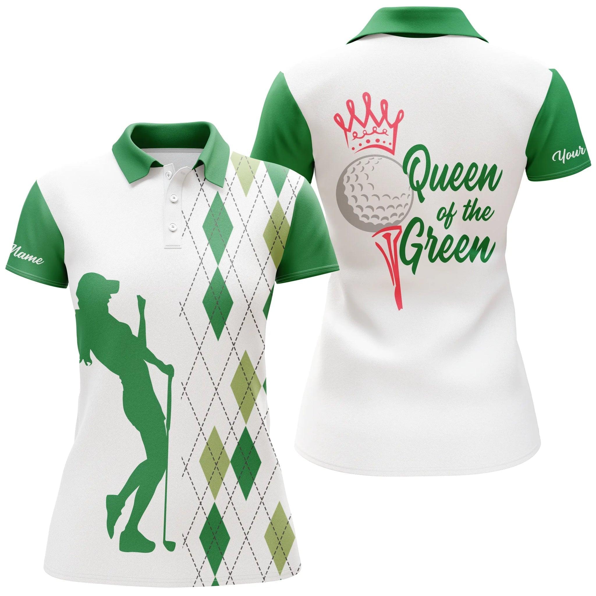 Golf Custom Name Women Polo Shirt, Queen Of The Green, Funny Argyle Plaid White Green Personalized Women Polo Shirts, Gift For Ladies, Golfers - Image 2