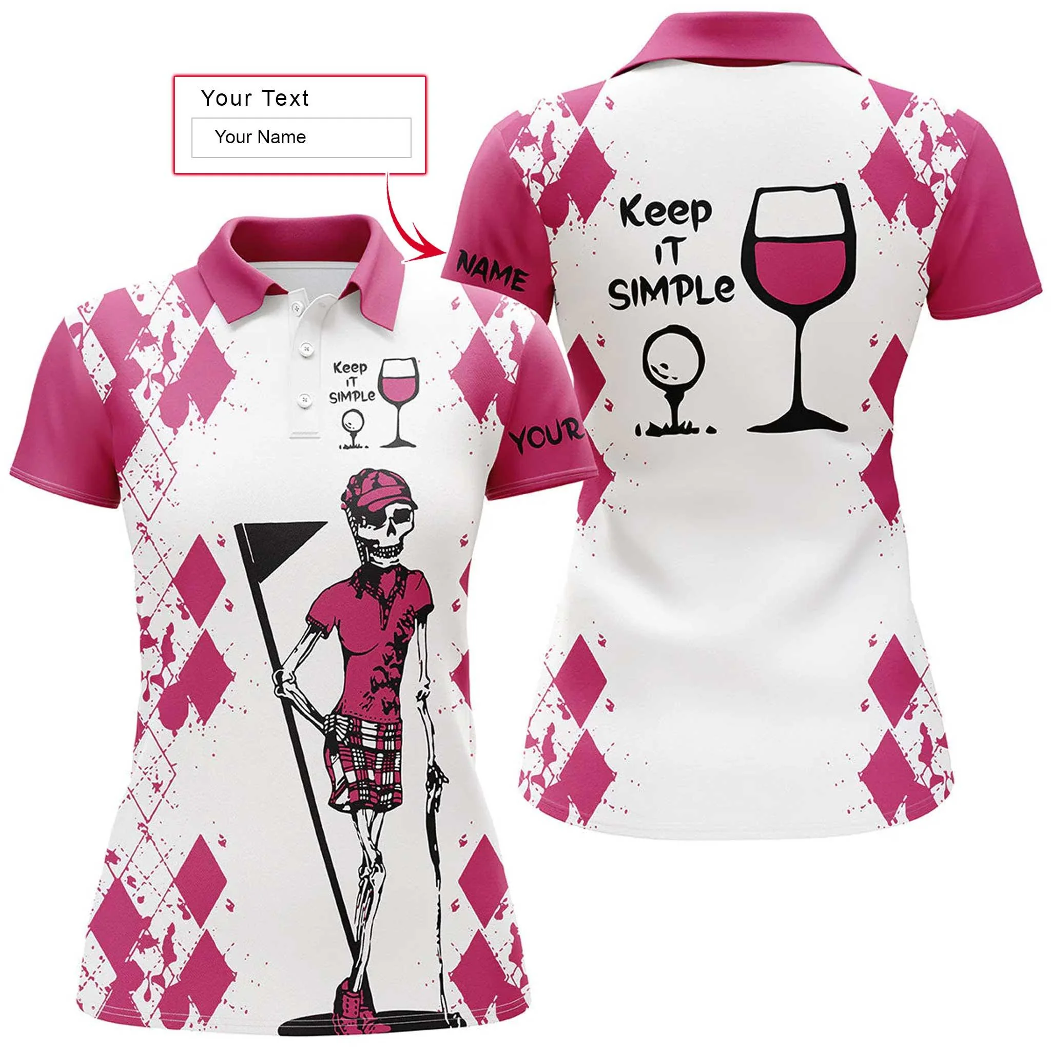 Golf Custom Name Women Polo Shirt, Skull Keep It Simple Golf & Wine Personalized Women Polo Shirts, Golfing Gift For Ladies, Golfers, Golf Lovers