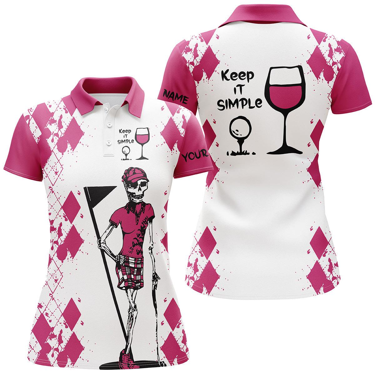 Golf Custom Name Women Polo Shirt, Skull Keep It Simple Golf & Wine Personalized Women Polo Shirts, Golfing Gift For Ladies, Golfers, Golf Lovers - Image 2