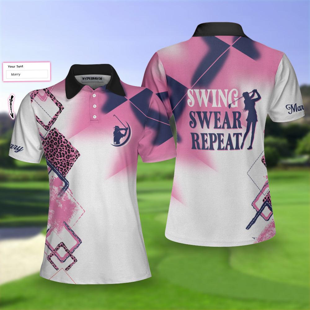 Golf Custom Name Women Polo Shirt, Swing Swear Repeat Personalized Women Polo Shirts, Golfing Gift For Ladies, Golfers, Golf Lovers