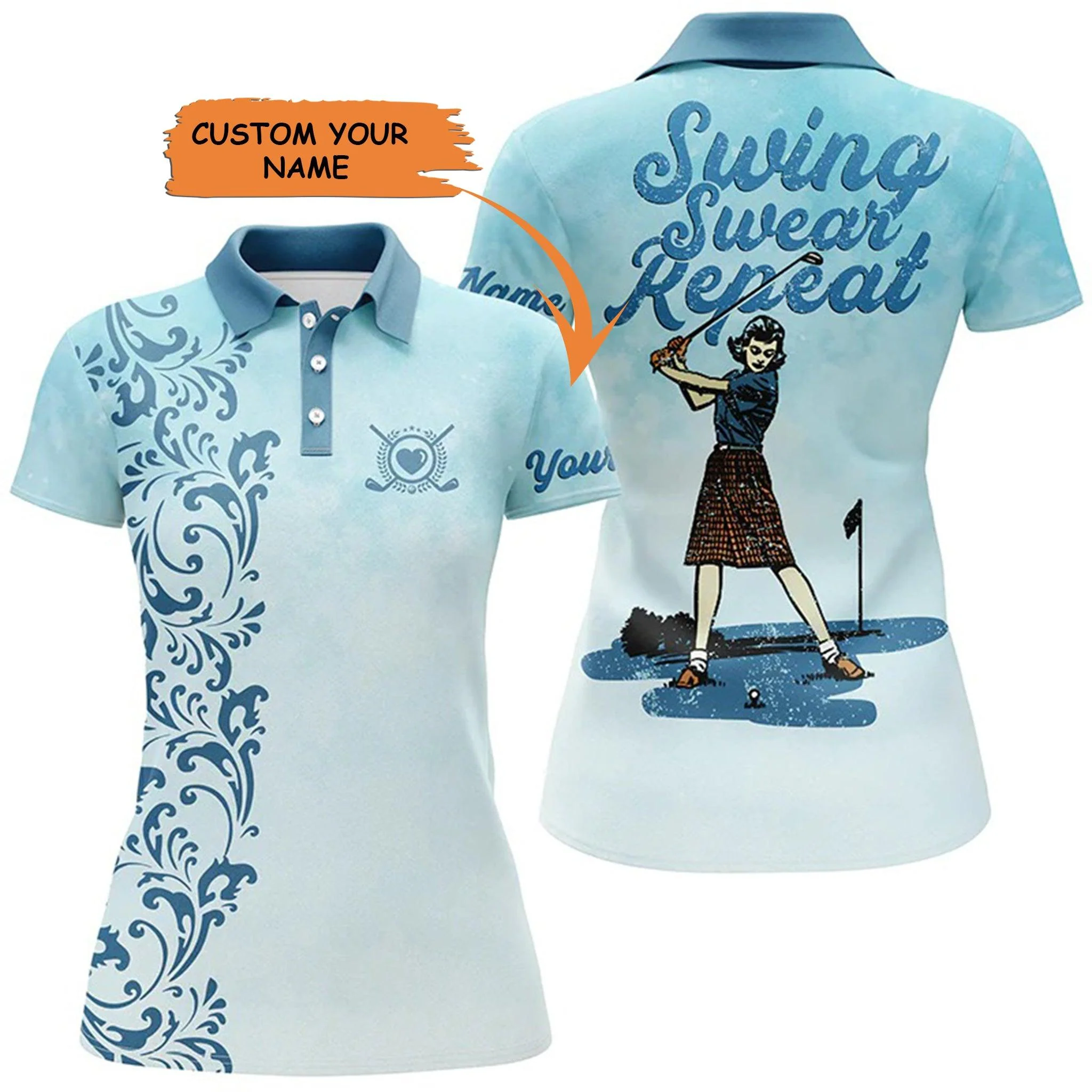 Golf Custom Name Women Polo Shirt, Swing Swear Repeat Vintage Blue Personalized Women Polo Shirt, Perfect Gift For Ladies, Golf Lovers, Golfers