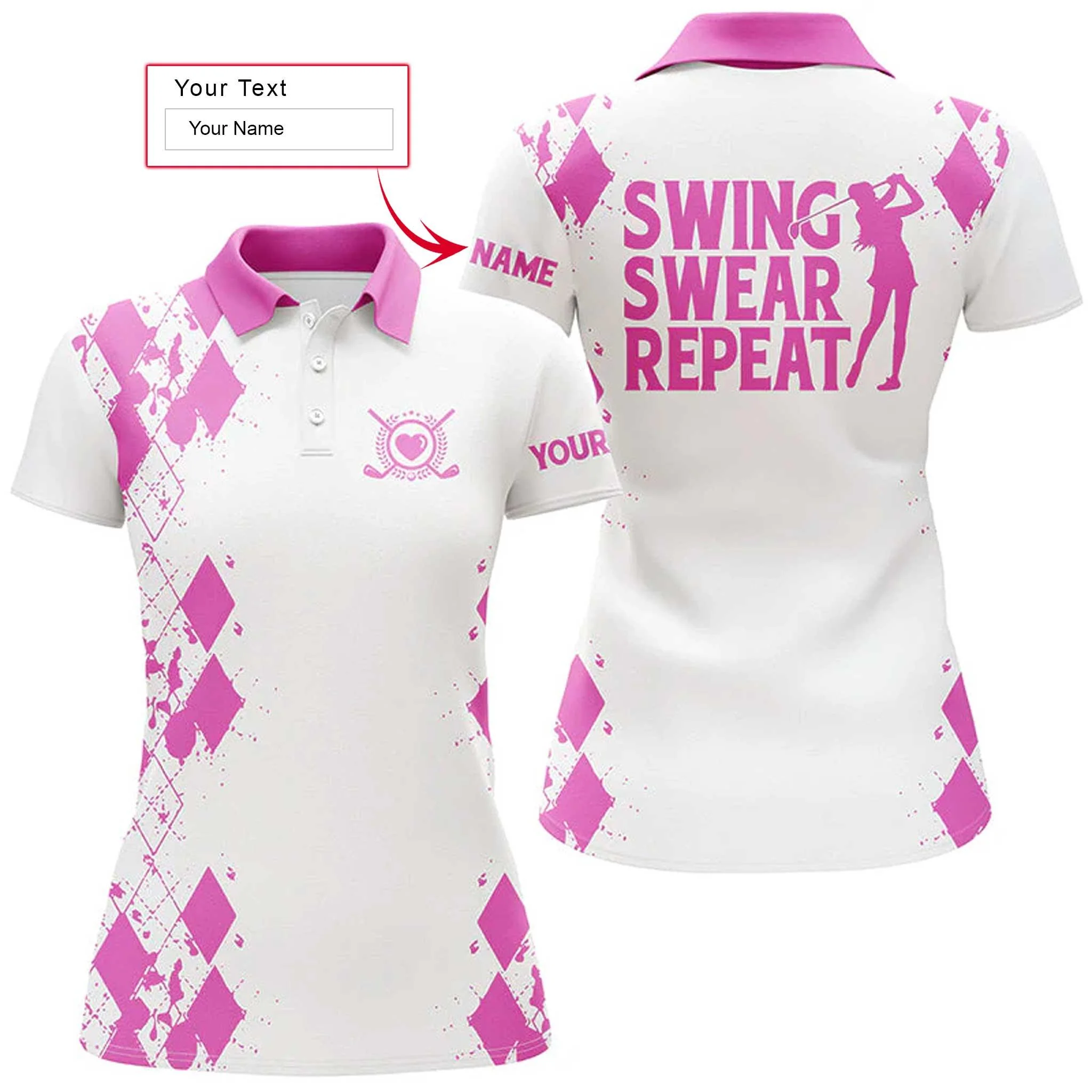 Golf Custom Name Women Polo Shirt, Swing Swear Repeat White Golfing Personalized Women Polo Shirts, Perfect Gift For Ladies, Golf Lovers, Golfers