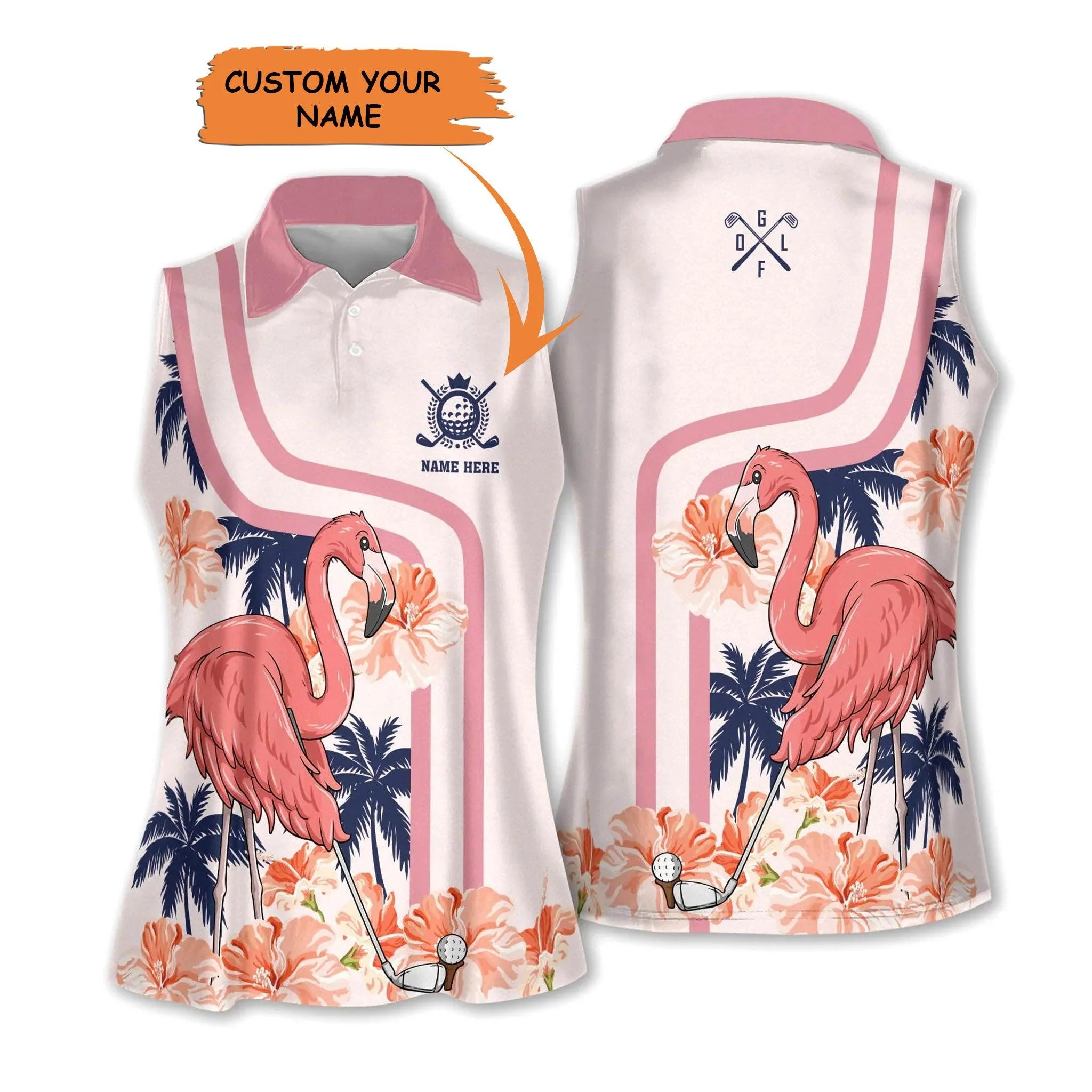Golf Custom Name Women Polo Shirt, Tropical Flamingo Pink Women Polo Shirt - Personalized Gift For Mother's Day, Golfers, Female, Golf Lovers