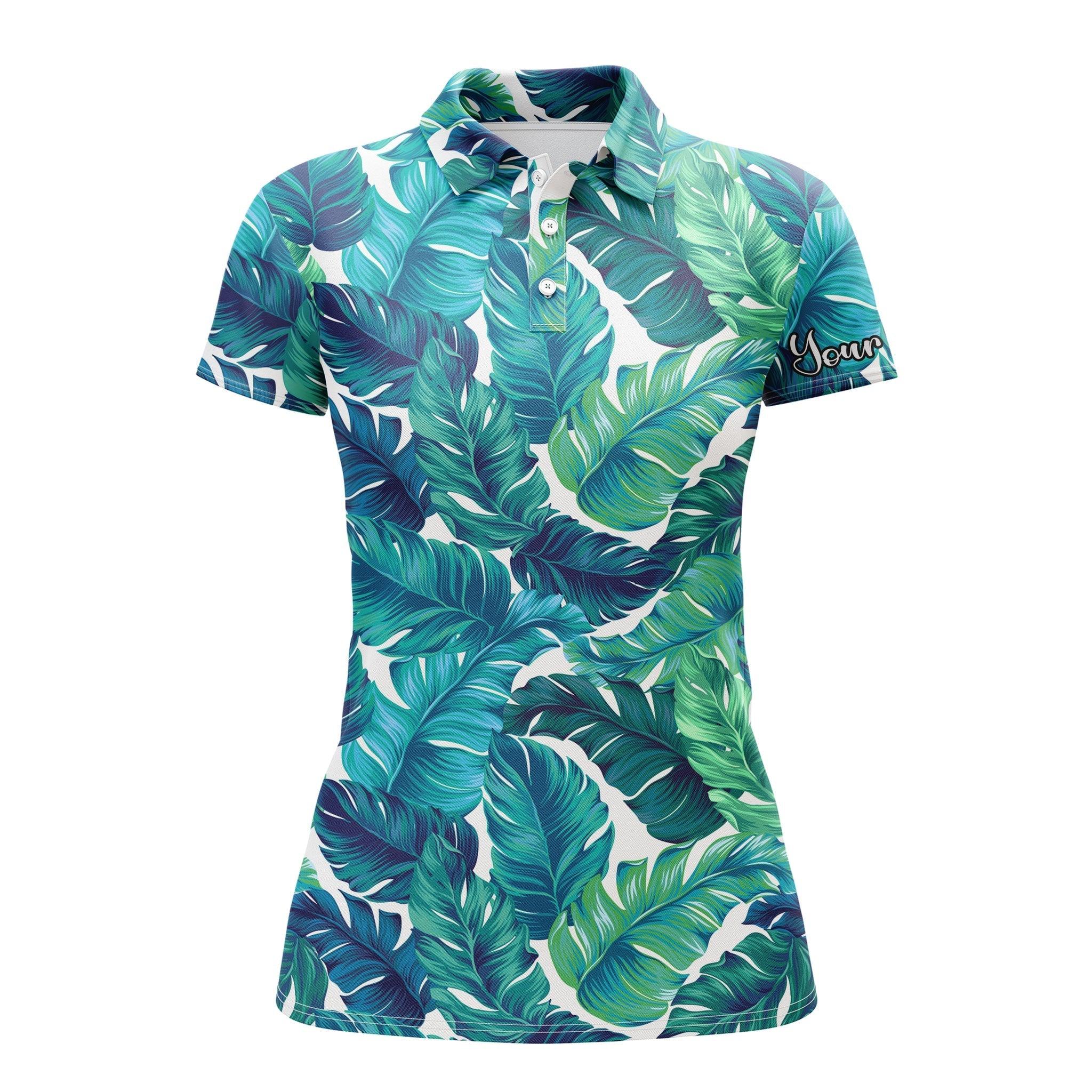 Tropical Custom Name Women Polo Shirt, Turquoise And Green Tropical Leaves Personalized Women Polo Shirts, Gift For Ladies, Women - Image 2