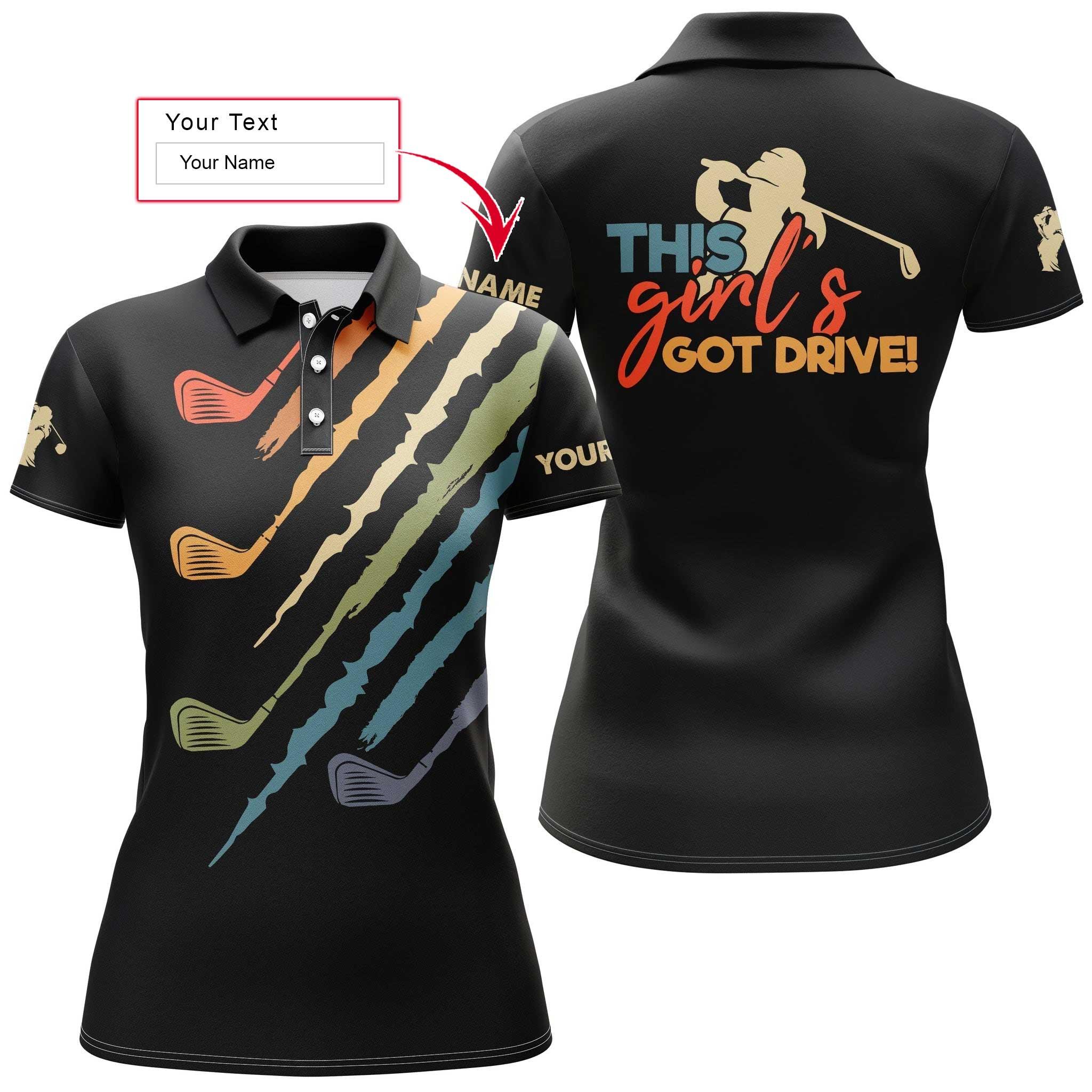 Golf Custom Name Women Polo Shirt, Vintage Black Personalized Women Polo Shirts, This Girl's Got Drive, Golfing Gift For Ladies, Golfers, Golf Lovers