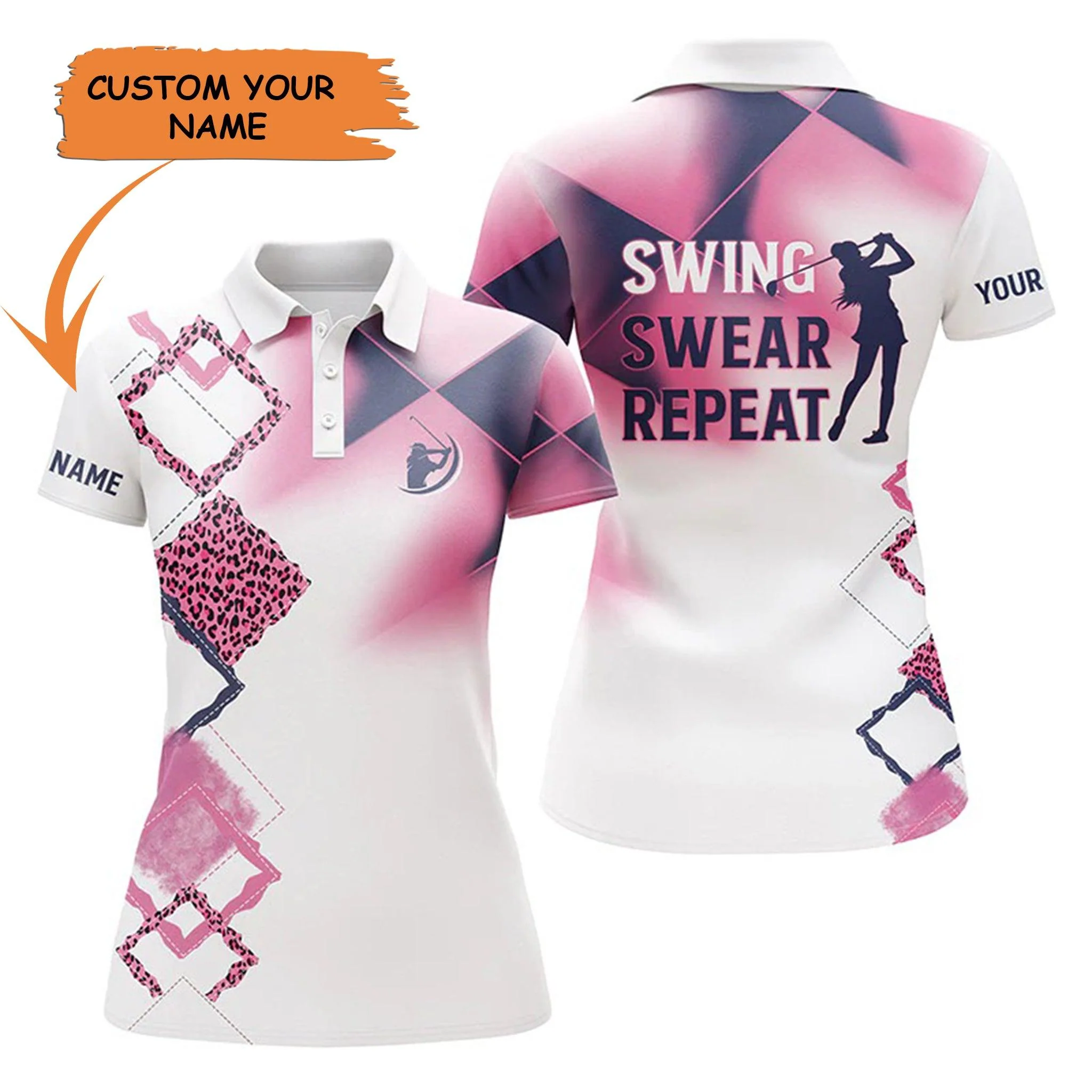 Golf Custom Name Women Polo Shirt, White Golf Swing Swear Repeat Polo Shirt, Pink Leopard Pattern Personalized Polo Shirt Gift For Golf Lovers, Golfer