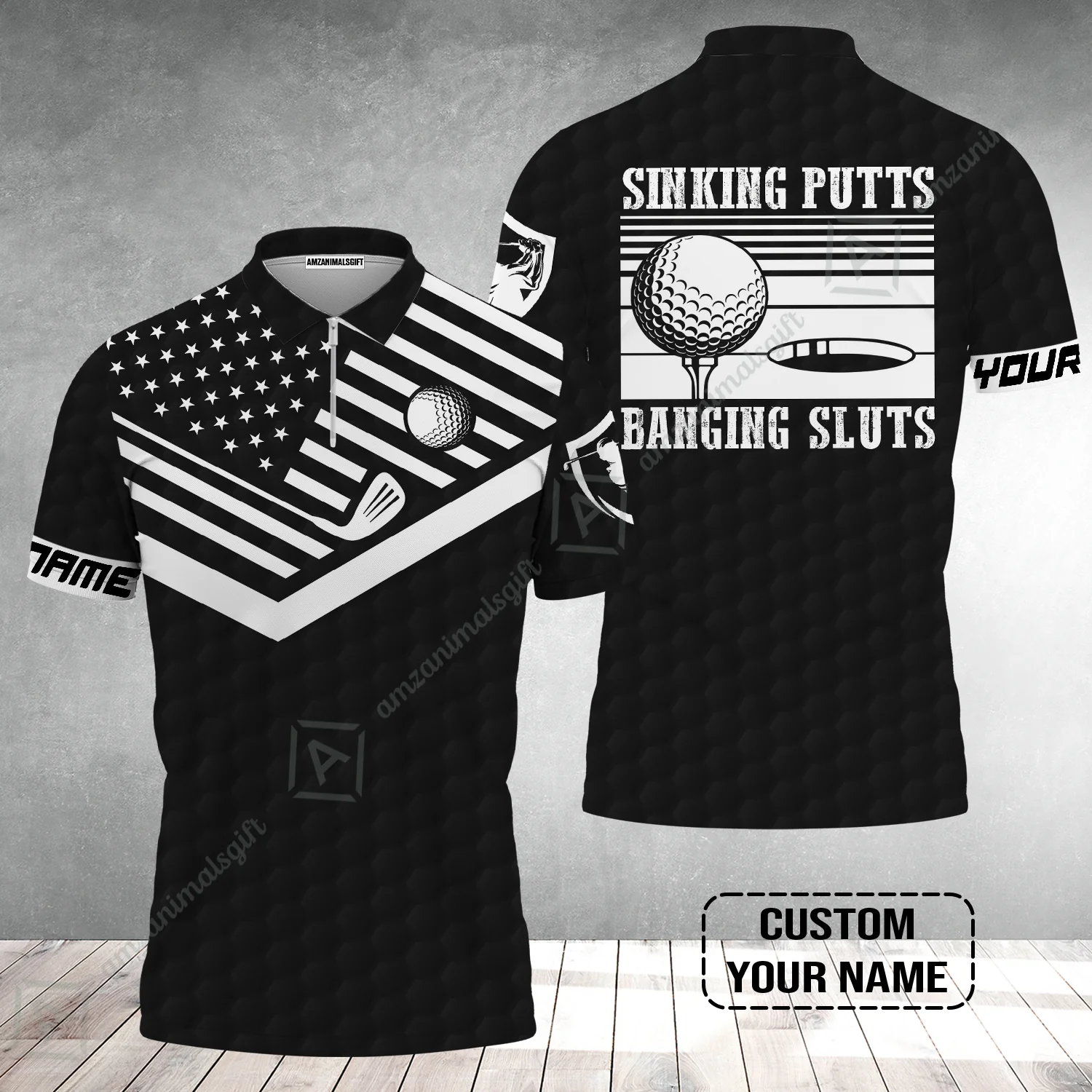 Golf Custom Name Zip Polo Shirt - Sinking Putts Banging Sluts Custom Name, Personalized Black Golf Pattern Zip Polo Shirt - Image 2