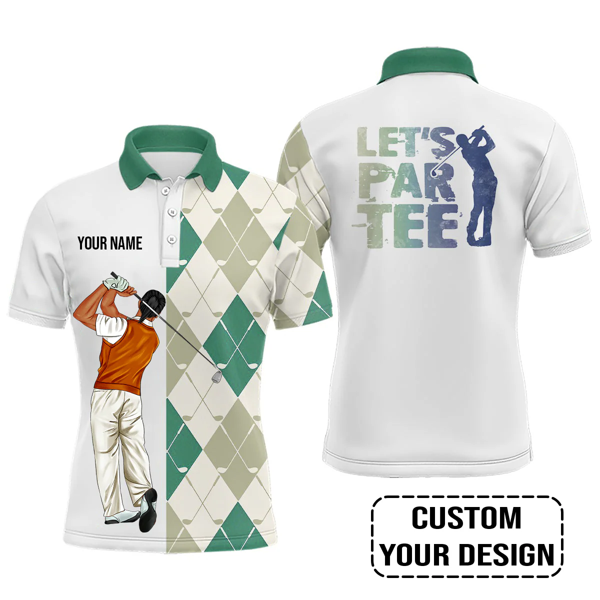 Golf Custom Polo Shirt, Argyle Pattern Golf Clubs, Let's par tee Personalized Golf Polo Shirt - Image 3