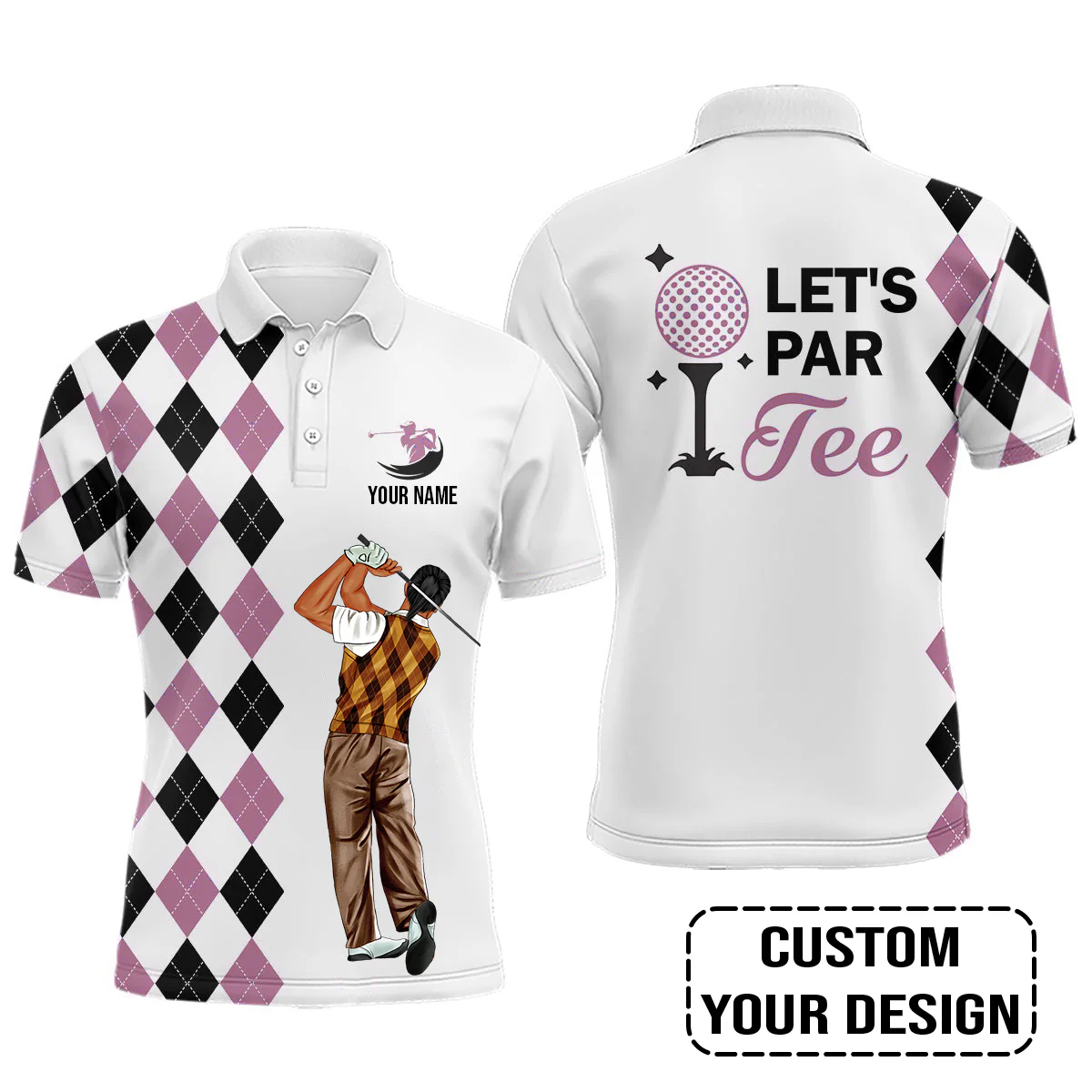 Golf Custom Polo Shirt, Argyle Pattern Golf, Let's par tee Personalized Golf Polo Shirt - Image 4