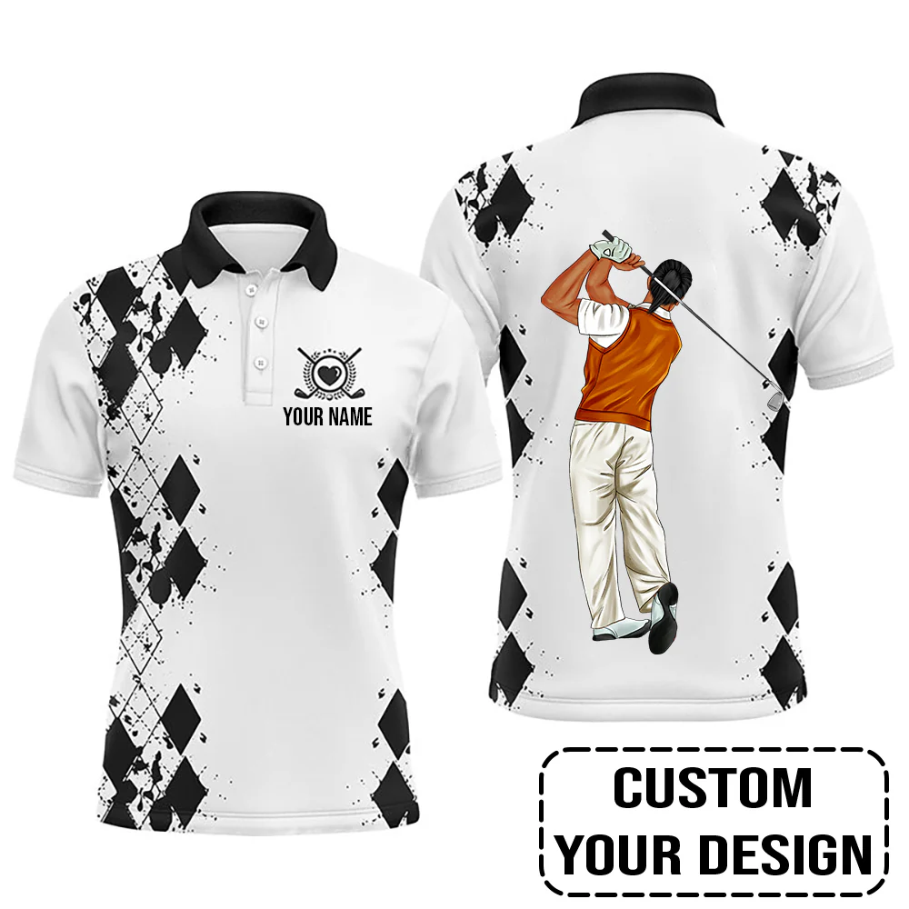 Golf Custom Polo Shirt, Black White Personalized Golf Polo Shirt - Image 3