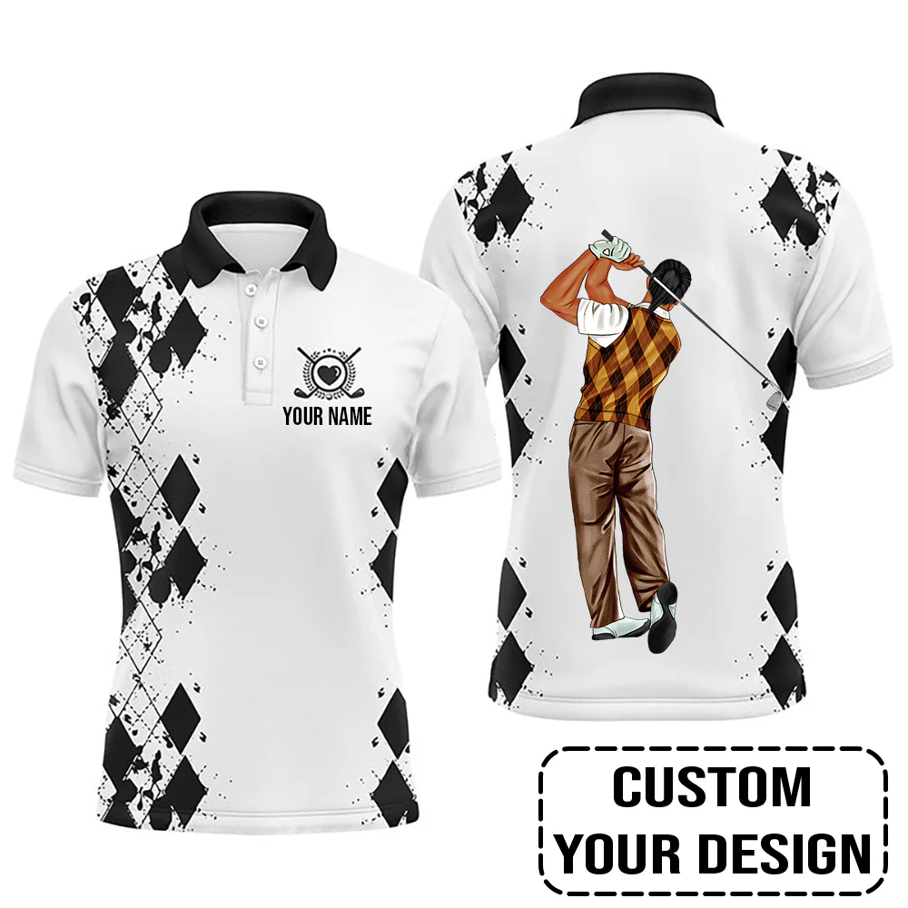 Golf Custom Polo Shirt, Black White Personalized Golf Polo Shirt - Image 4