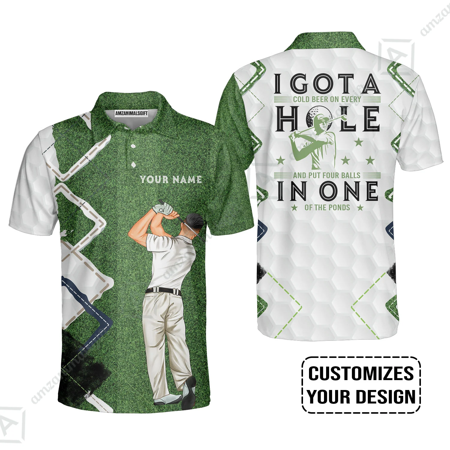 Golf Custom Polo Shirt, Green Argyle Golf Men Polo Shirt, I Got A Cold Beer On Every Hole In One Golf Personalized Polo Shirts - Image 2