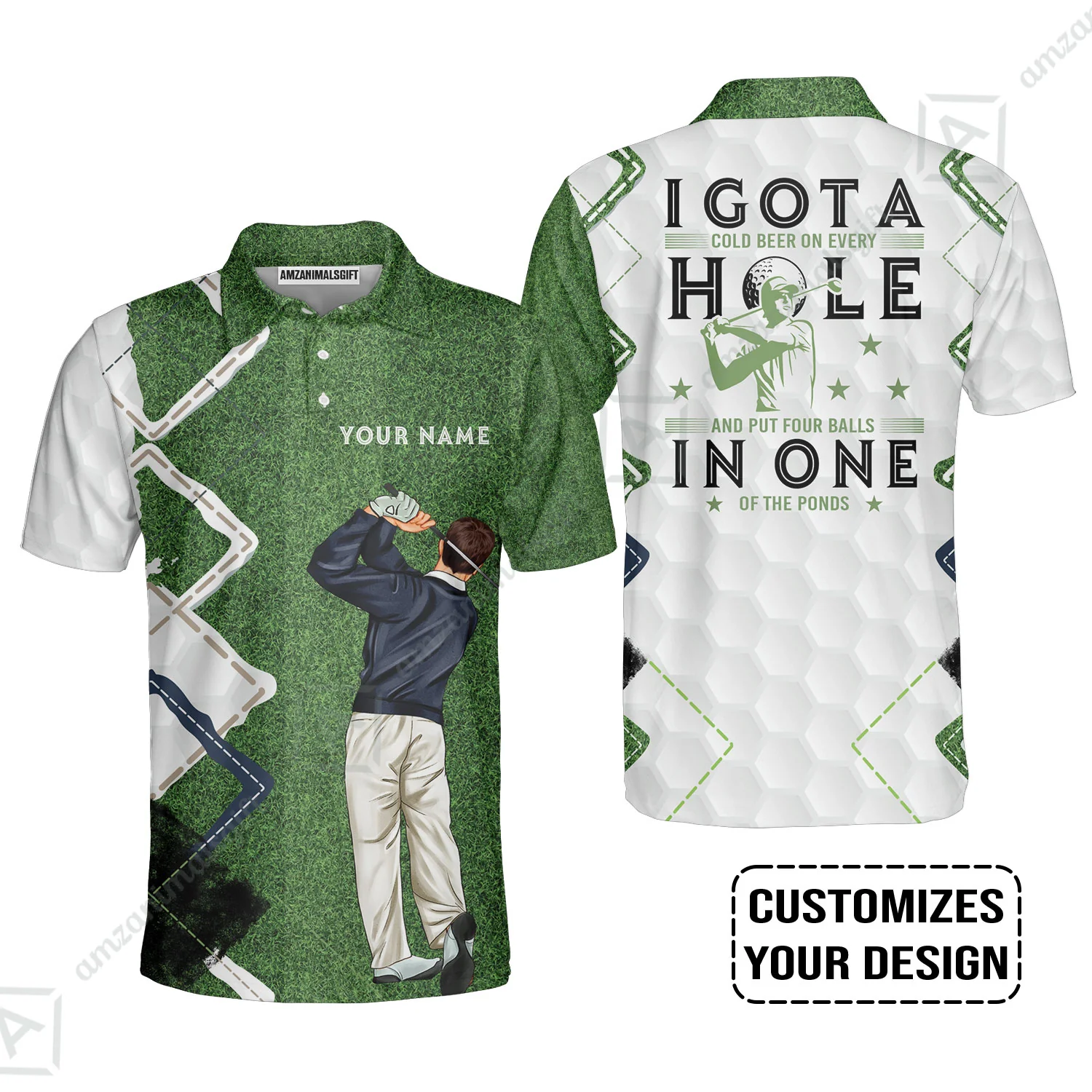 Golf Custom Polo Shirt, Green Argyle Golf Men Polo Shirt, I Got A Cold Beer On Every Hole In One Golf Personalized Polo Shirts - Image 3