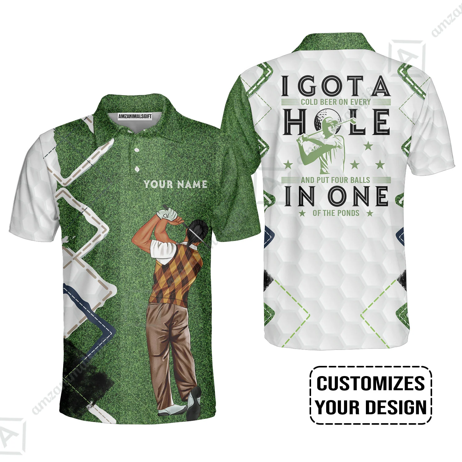 Golf Custom Polo Shirt, Green Argyle Golf Men Polo Shirt, I Got A Cold Beer On Every Hole In One Golf Personalized Polo Shirts - Image 5