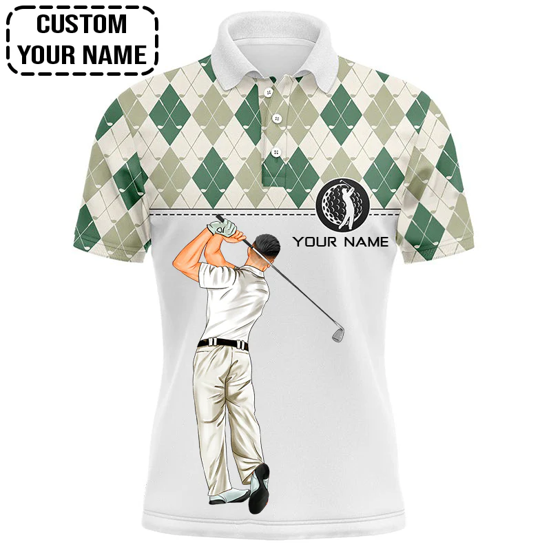 Golf Custom Polo Shirt, Green Argyle Pattern Golf Personalized Golf Polo Shirt - Image 5