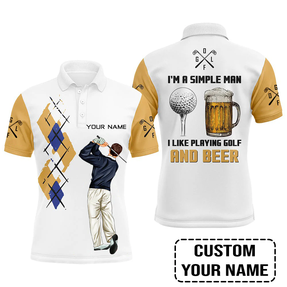 Golf Custom Polo Shirt, I'm A Simple Man Beer Argyle Pattern Personalized Golf Polo Shirt - Image 2